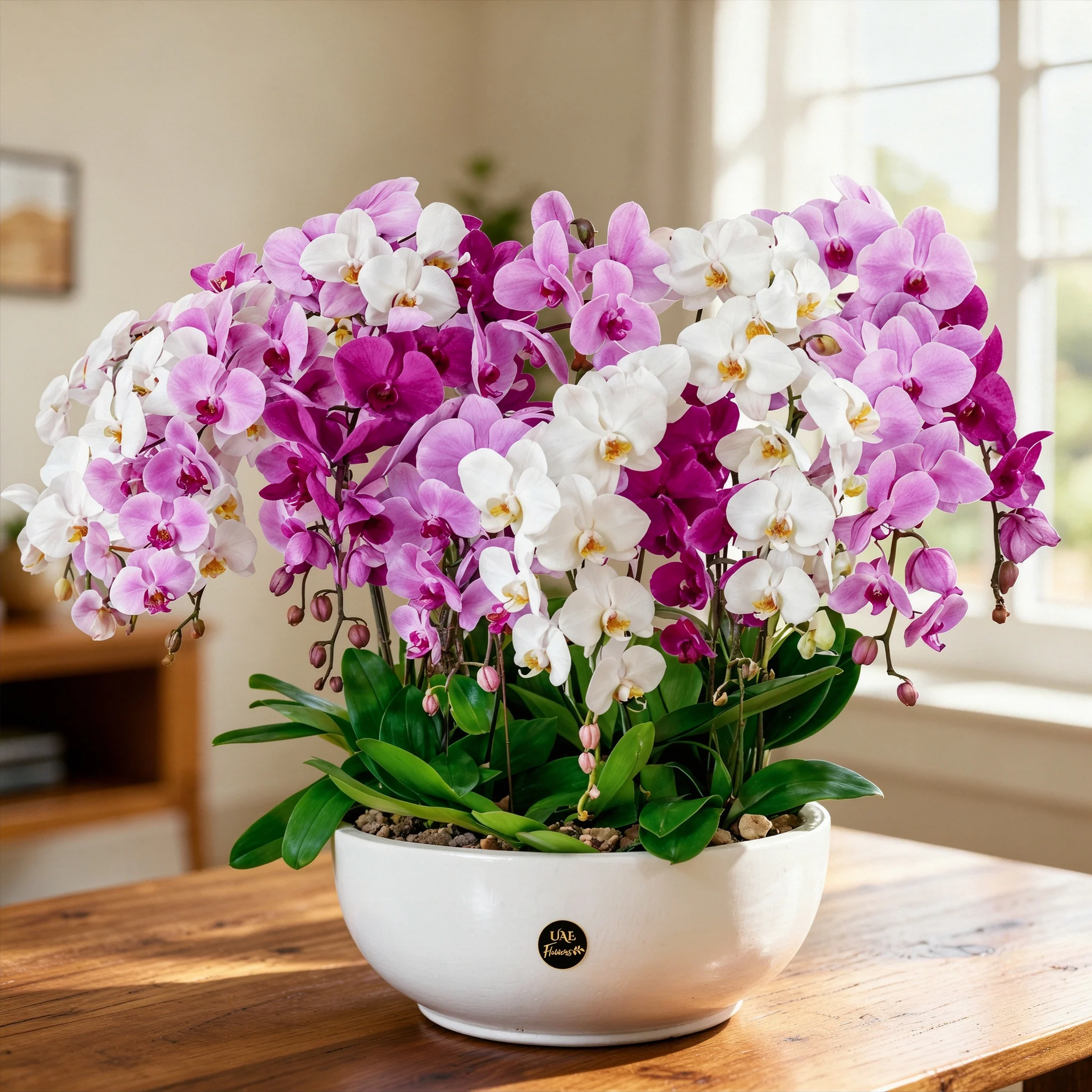 pink, white and dark pink Phalaenopsis orchids