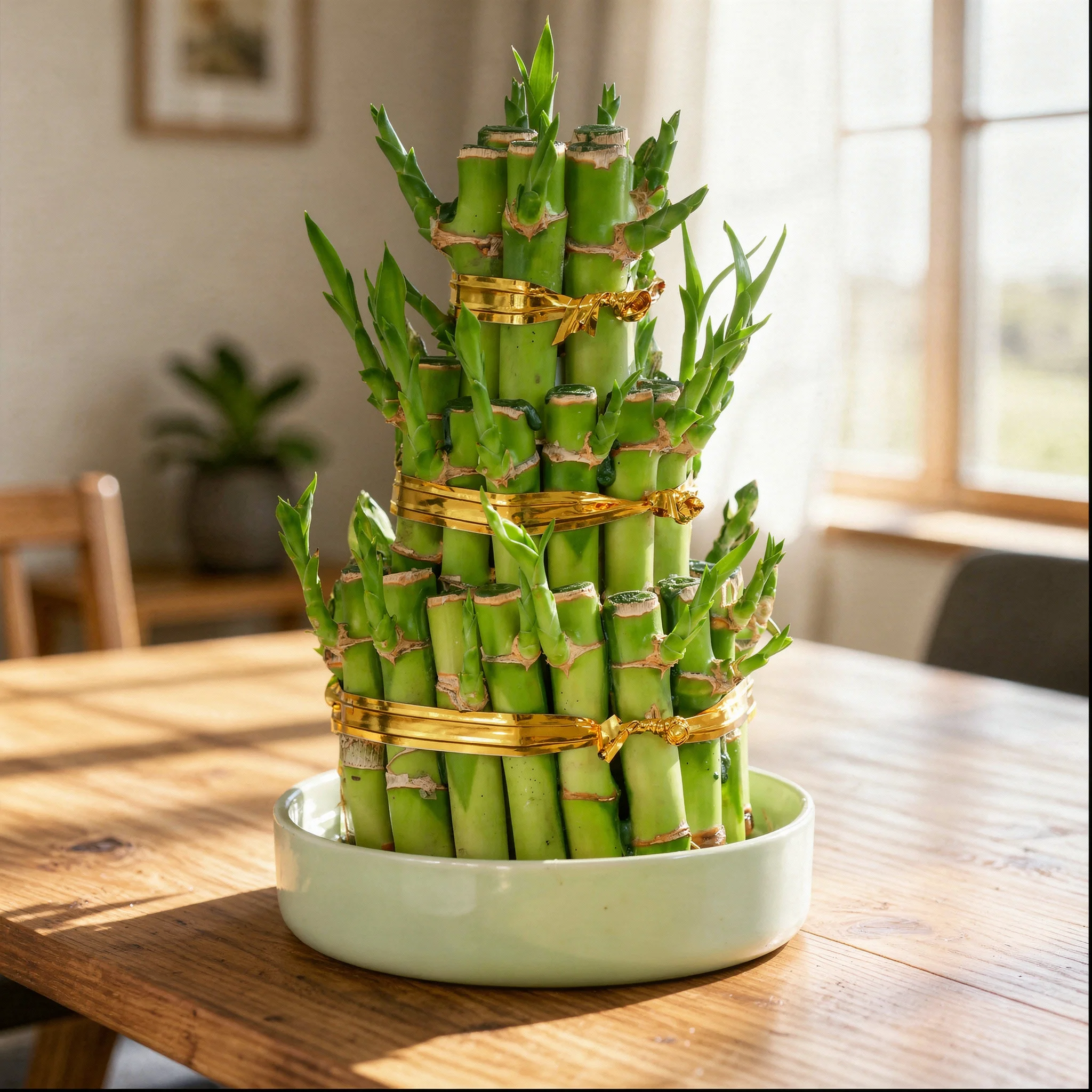 A Lucky bamboo arrangement is tied with a red ribbon and placed in a white pot