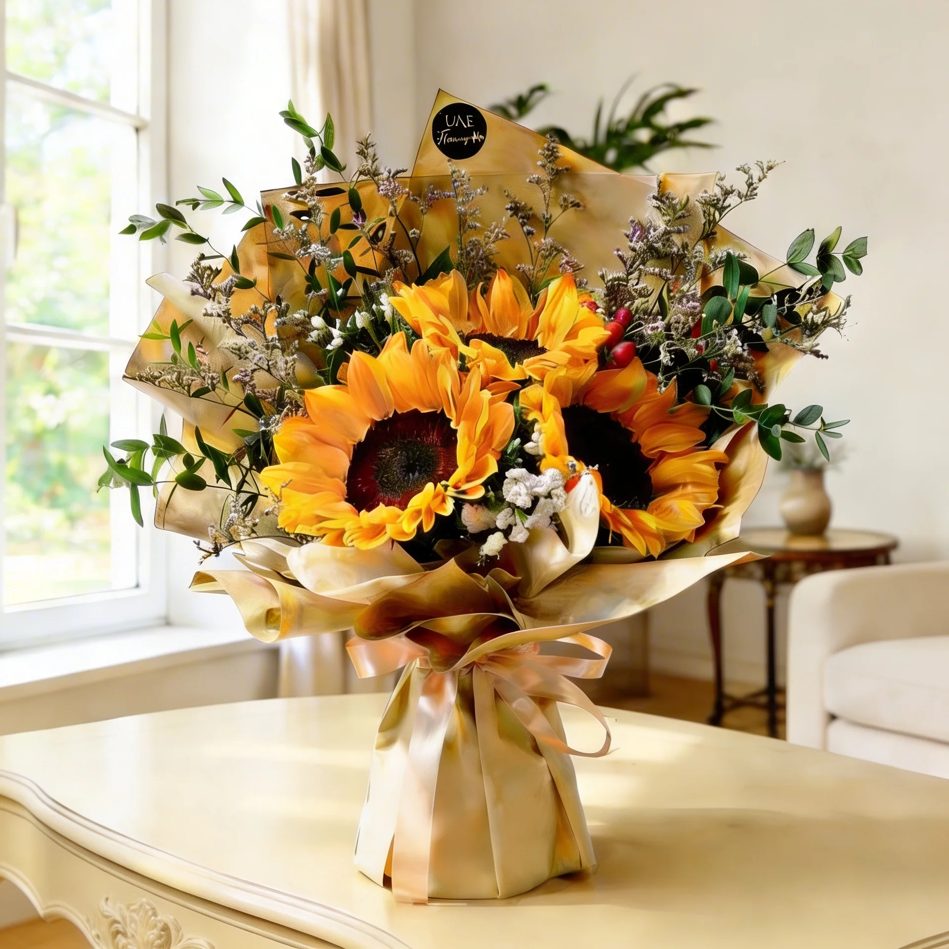 A bouquet of 3 sunflowers with fillers in brown wrapping paper tied with brown ribbon