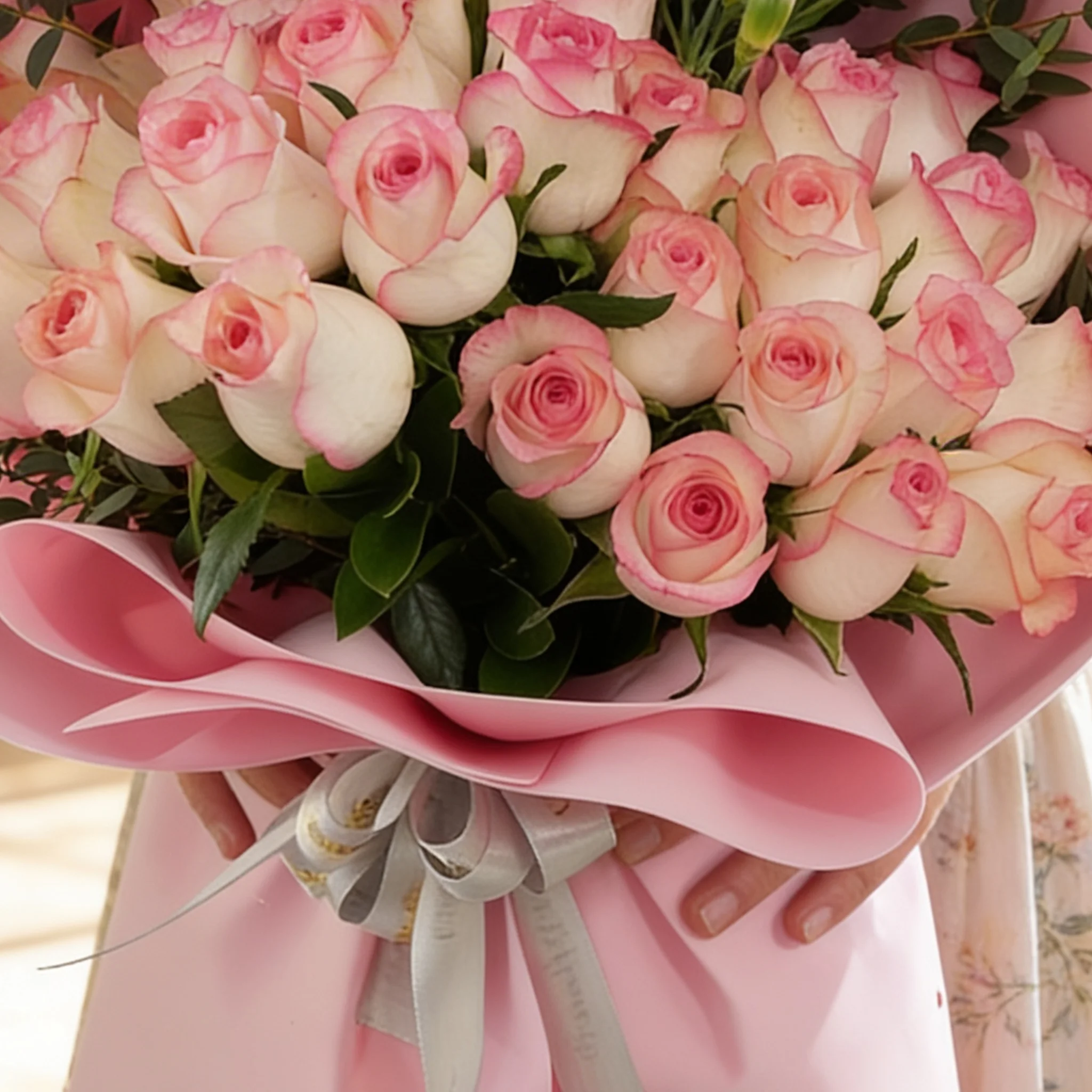 Bouquet of 30 pink roses and 5 pink spray carnations with green fillers in pink wrapping.