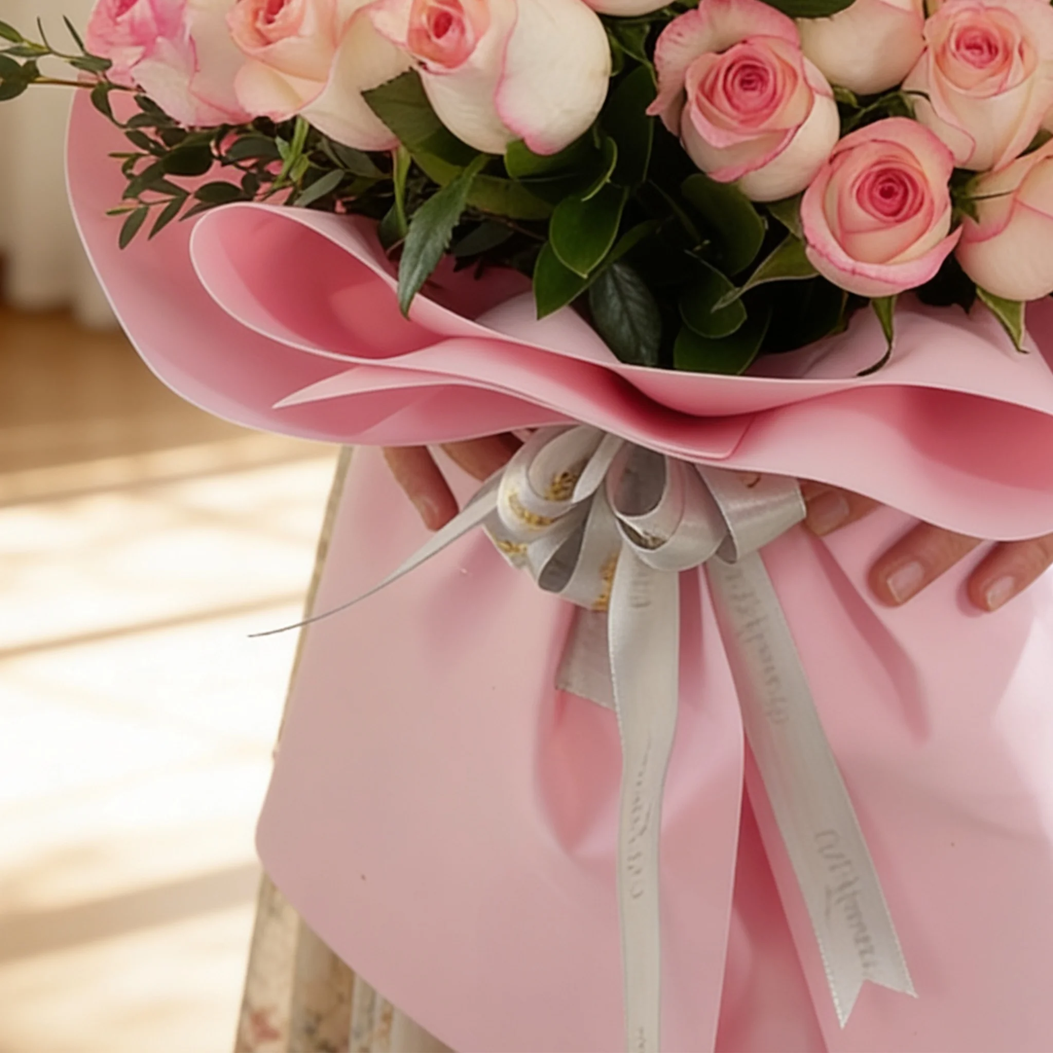 Bouquet of 30 pink roses and 5 pink spray carnations with green fillers in pink wrapping.
