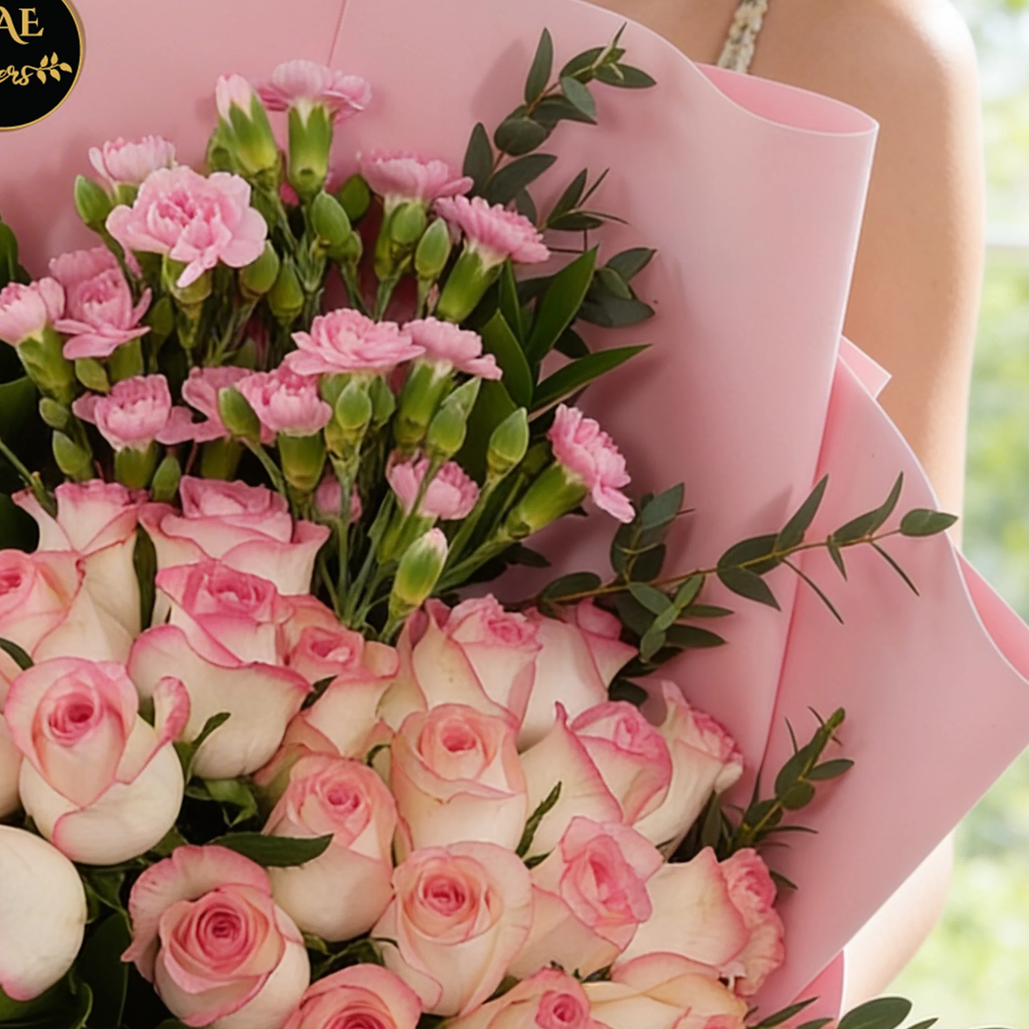 Bouquet of 30 pink roses and 5 pink spray carnations with green fillers in pink wrapping.
