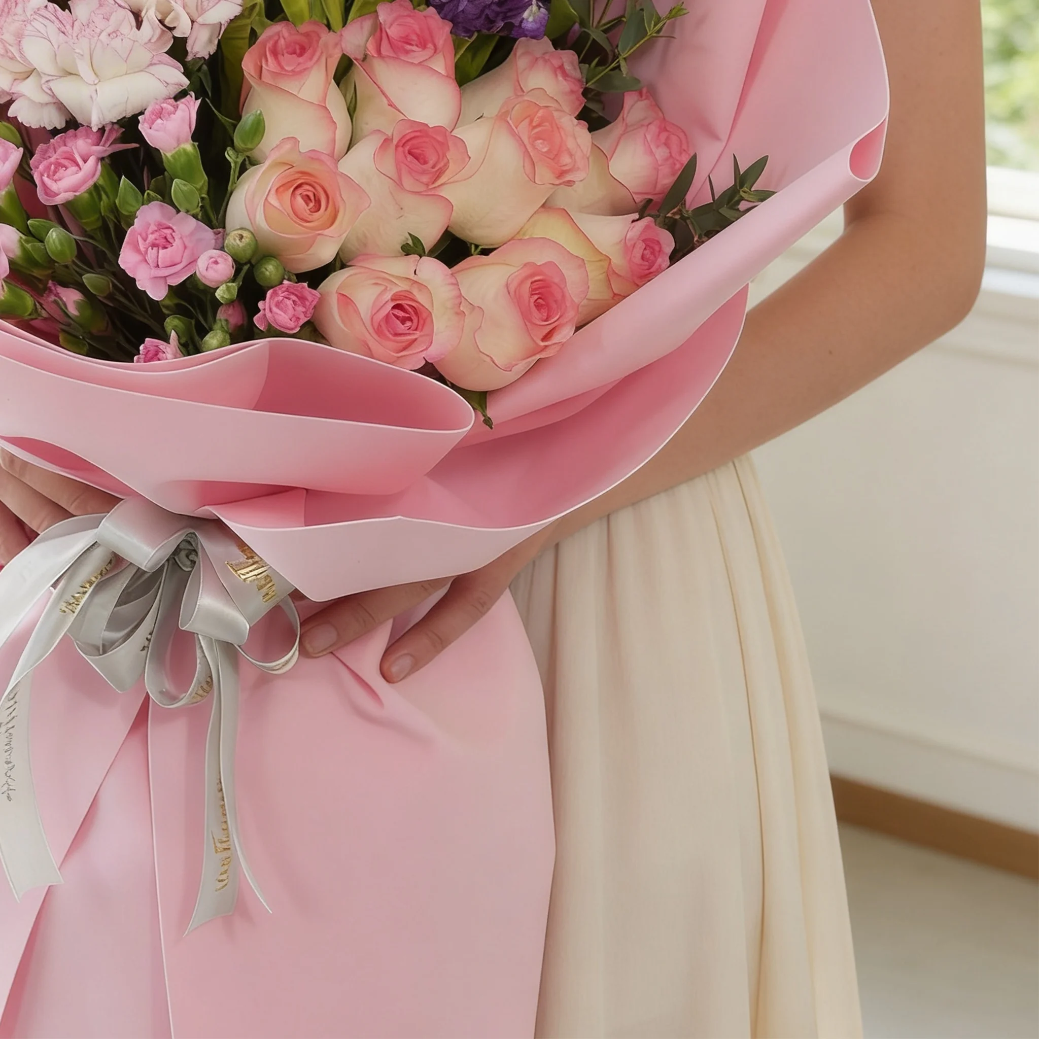 Bouquet of 10 pink carnations, 10 pink roses, 10 purple matthiola and 3 pink spray carnations with green fillers in pink wrapping.