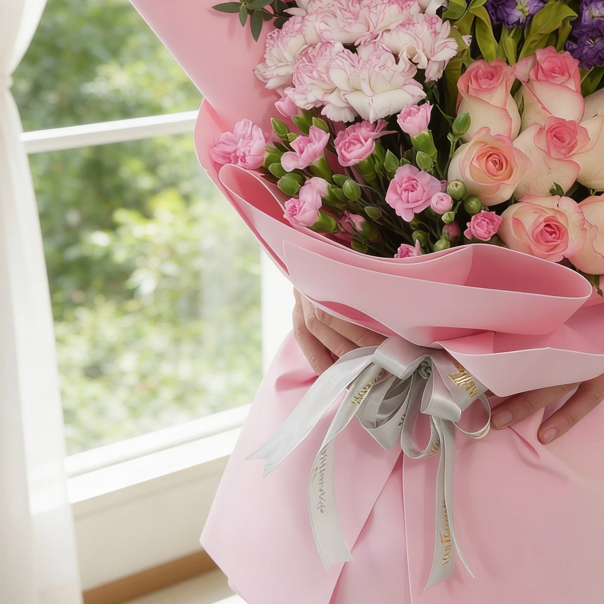 Bouquet of 10 pink carnations, 10 pink roses, 10 purple matthiola and 3 pink spray carnations with green fillers in pink wrapping.