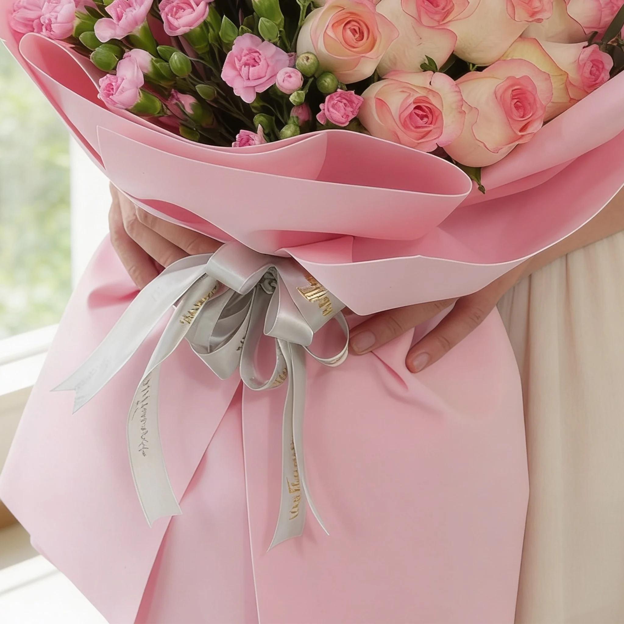 Bouquet of 10 pink carnations, 10 pink roses, 10 purple matthiola and 3 pink spray carnations with green fillers in pink wrapping.