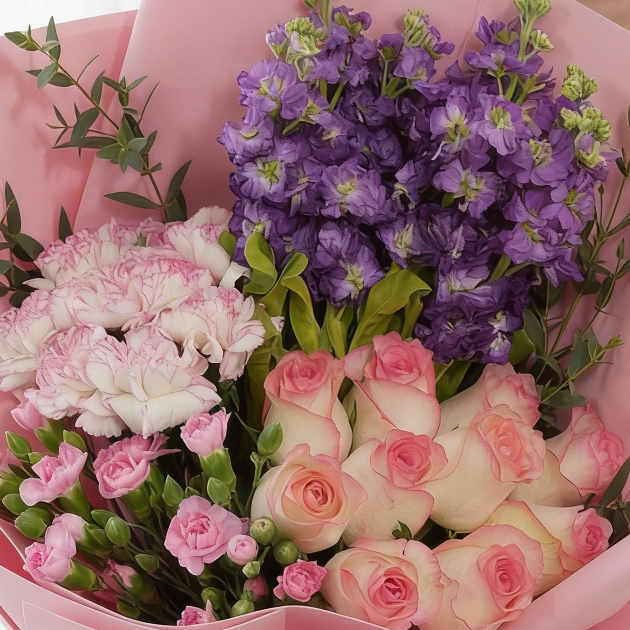 Bouquet of 10 pink carnations, 10 pink roses, 10 purple matthiola and 3 pink spray carnations with green fillers in pink wrapping.
