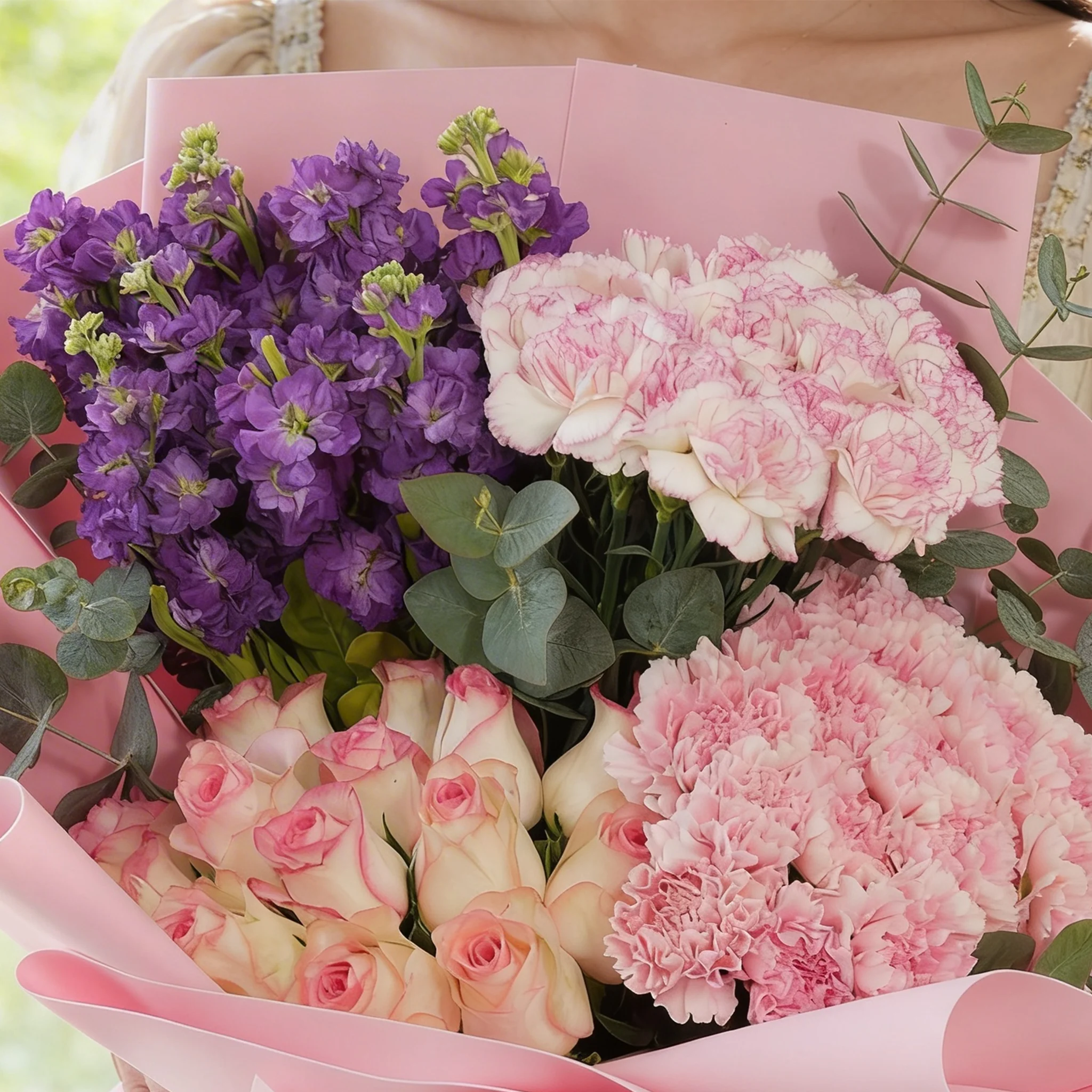 Bouquet of 25 pink carnations, 15 pink Roses and 10 purple matthiola with green fillers in pink wrapping.