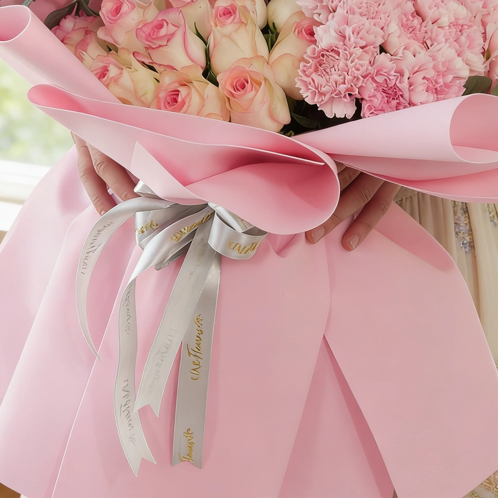 Bouquet of 25 pink carnations, 15 pink Roses and 10 purple matthiola with green fillers in pink wrapping.