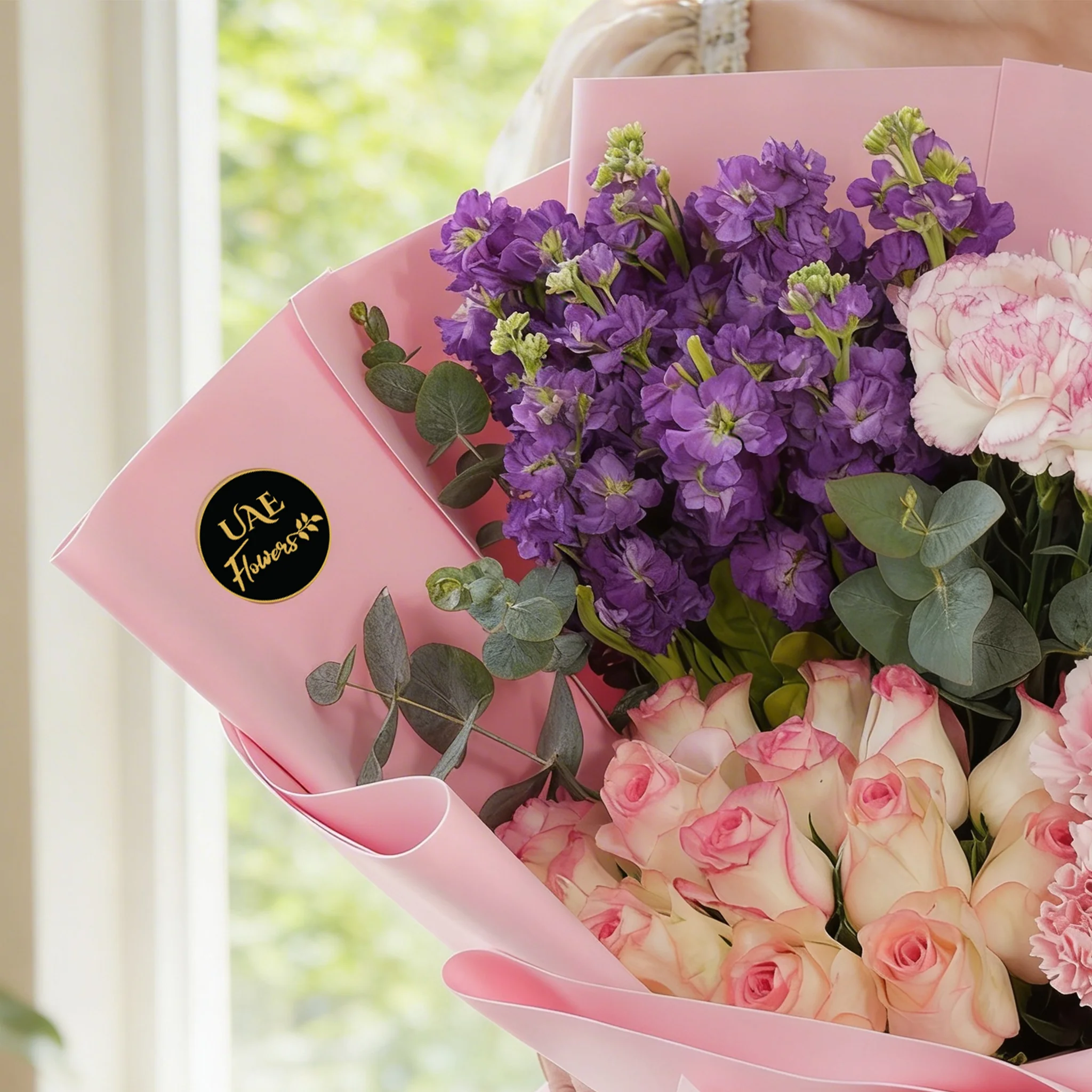 Bouquet of 25 pink carnations, 15 pink Roses and 10 purple matthiola with green fillers in pink wrapping.