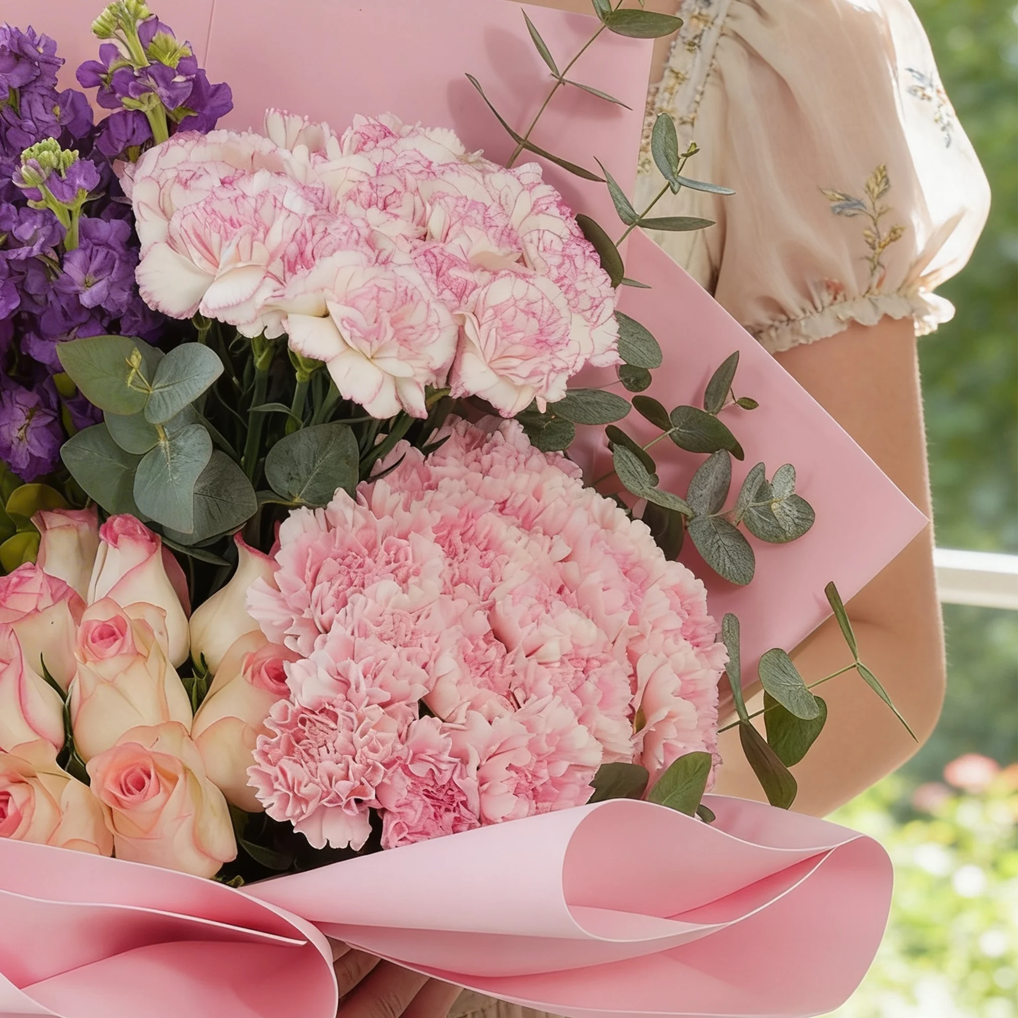 Bouquet of 25 pink carnations, 15 pink Roses and 10 purple matthiola with green fillers in pink wrapping.