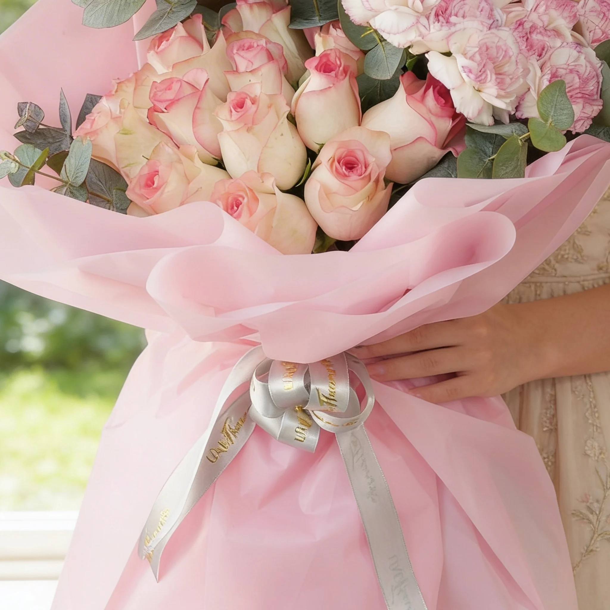 Bouquet of 15 pink carnations and 15 pink roses with green fillers in pink wrapping.