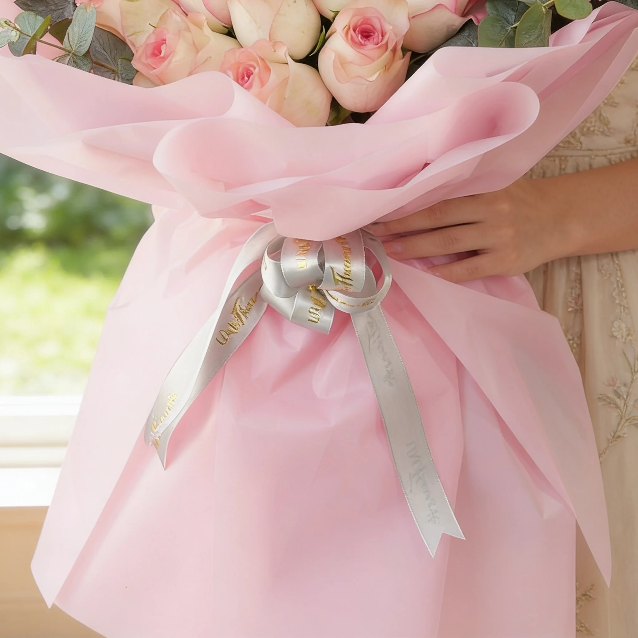 Bouquet of 15 pink carnations and 15 pink roses with green fillers in pink wrapping.