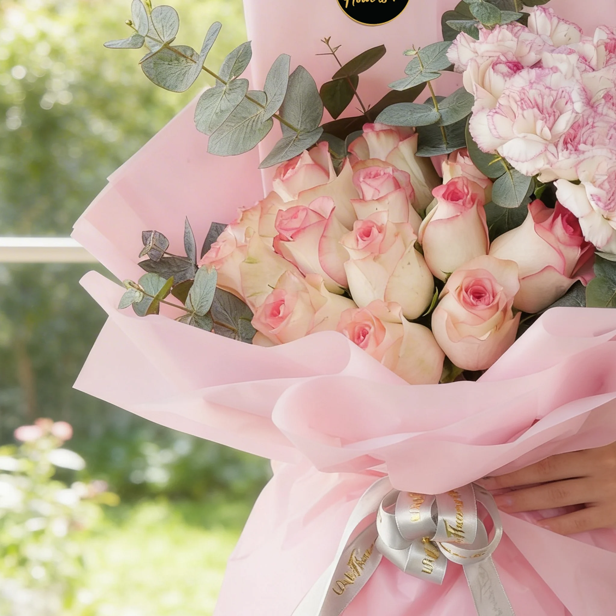 Bouquet of 15 pink carnations and 15 pink roses with green fillers in pink wrapping.