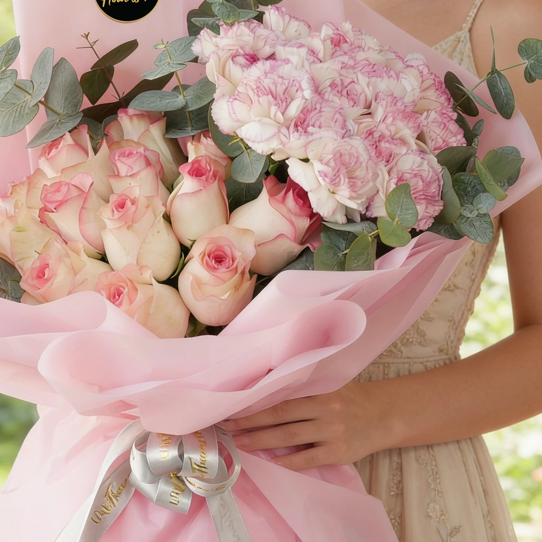 Bouquet of 15 pink carnations and 15 pink roses with green fillers in pink wrapping.