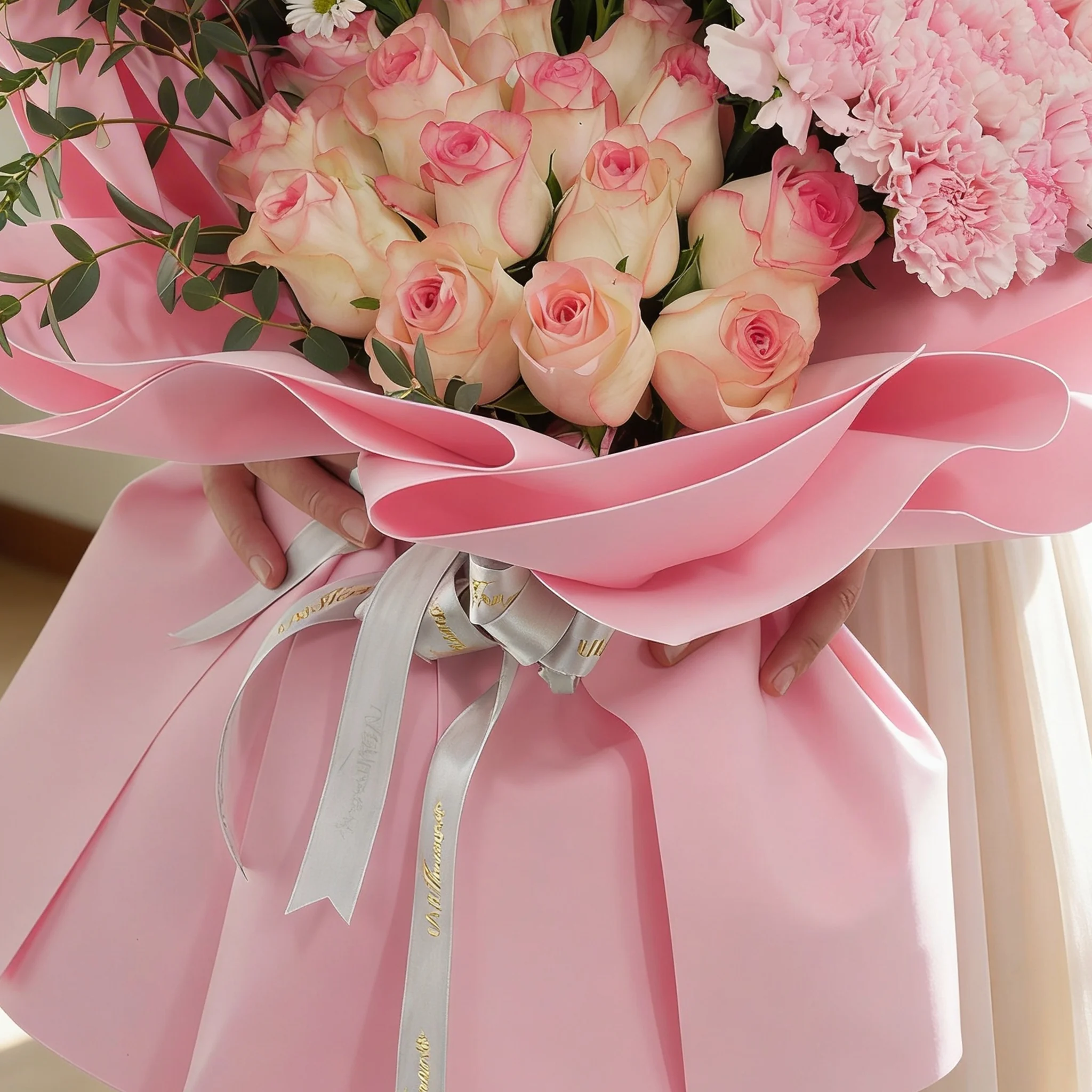 Bouquet of 15 pink carnations, 15 pink roses and 5 white chrysanthemums with green fillers in pink wrapping.