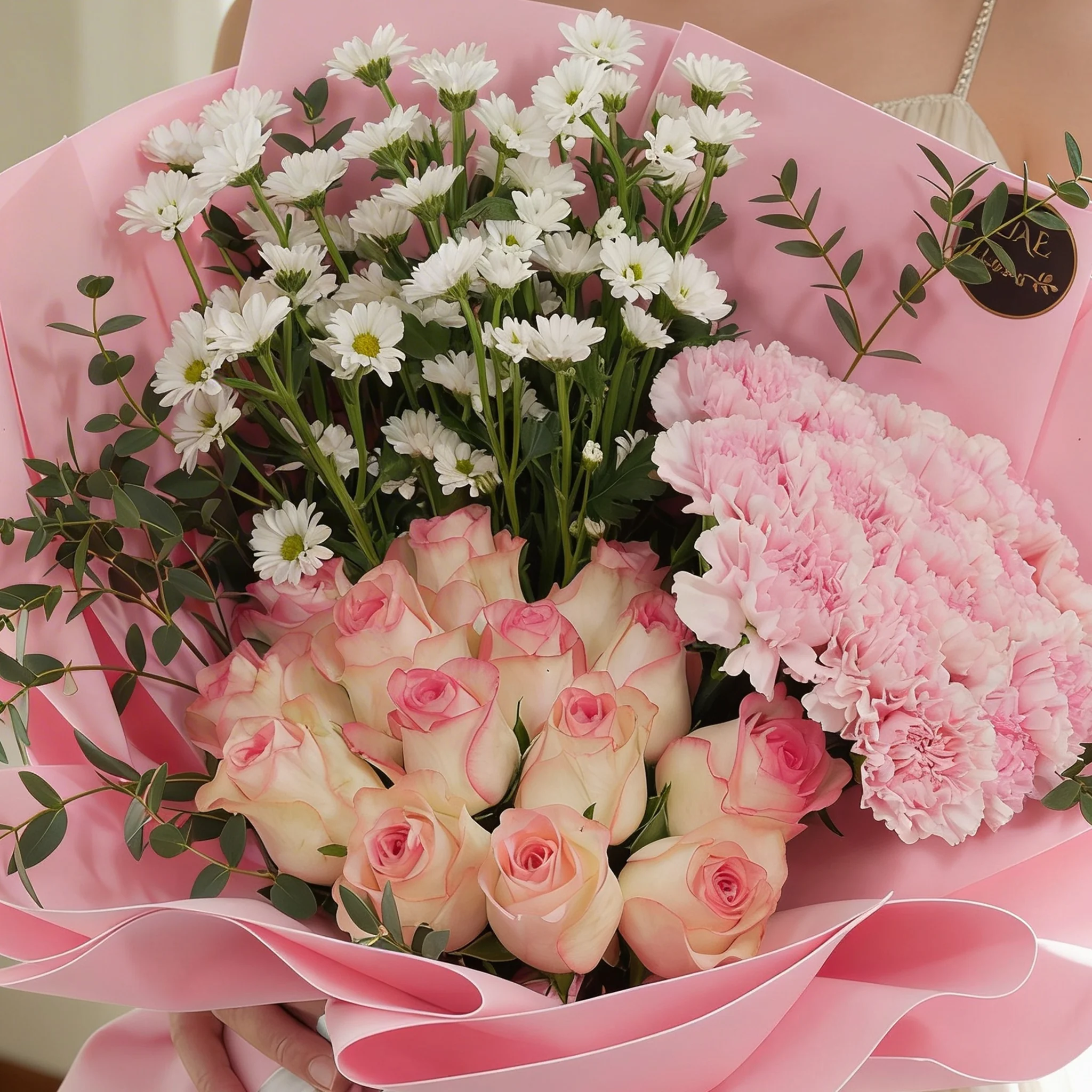 Bouquet of 15 pink carnations, 15 pink roses and 5 white chrysanthemums with green fillers in pink wrapping.