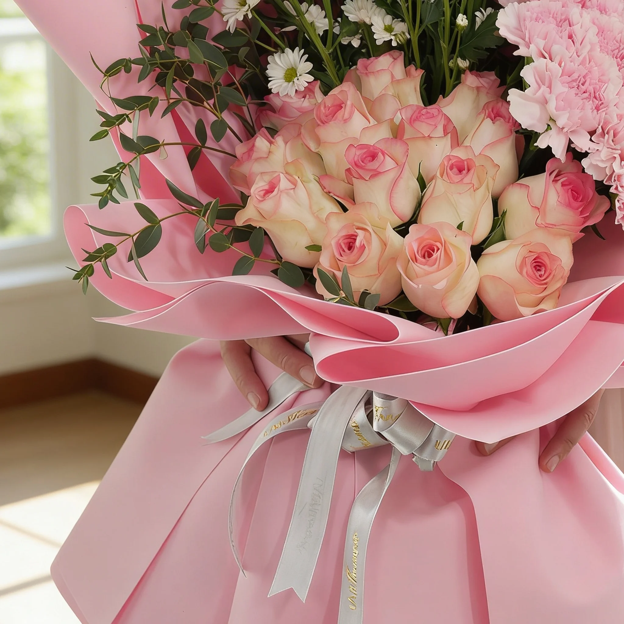 Bouquet of 15 pink carnations, 15 pink roses and 5 white chrysanthemums with green fillers in pink wrapping.