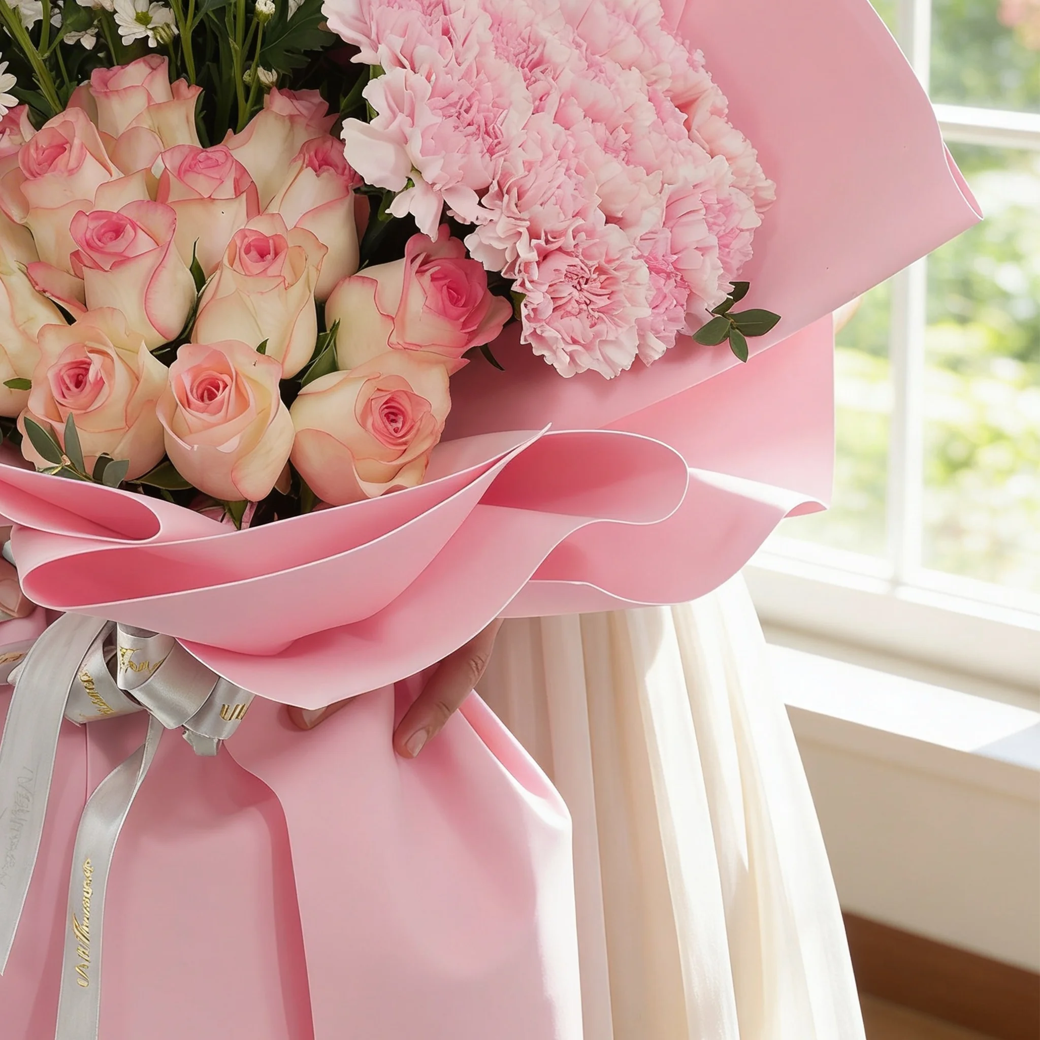 Bouquet of 15 pink carnations, 15 pink roses and 5 white chrysanthemums with green fillers in pink wrapping.