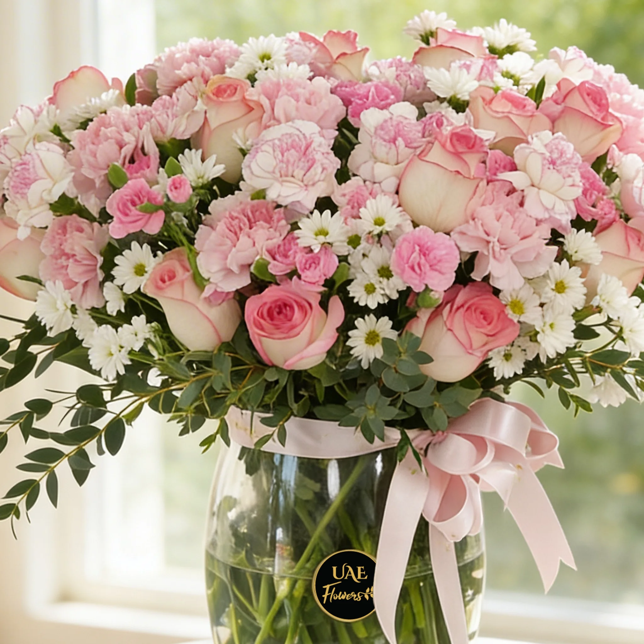 15 pink carnations, 15 pink roses, 10 pink spray carnations and 5 white chrysanthemums with green fillers in glass vase.