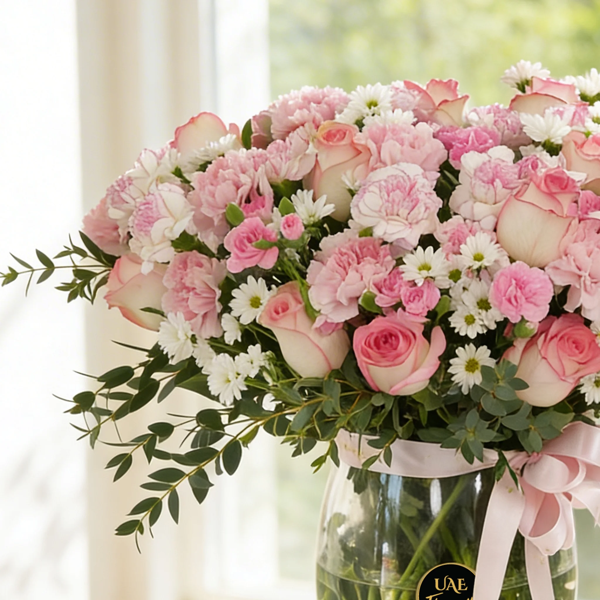 15 pink carnations, 15 pink roses, 10 pink spray carnations and 5 white chrysanthemums with green fillers in glass vase.