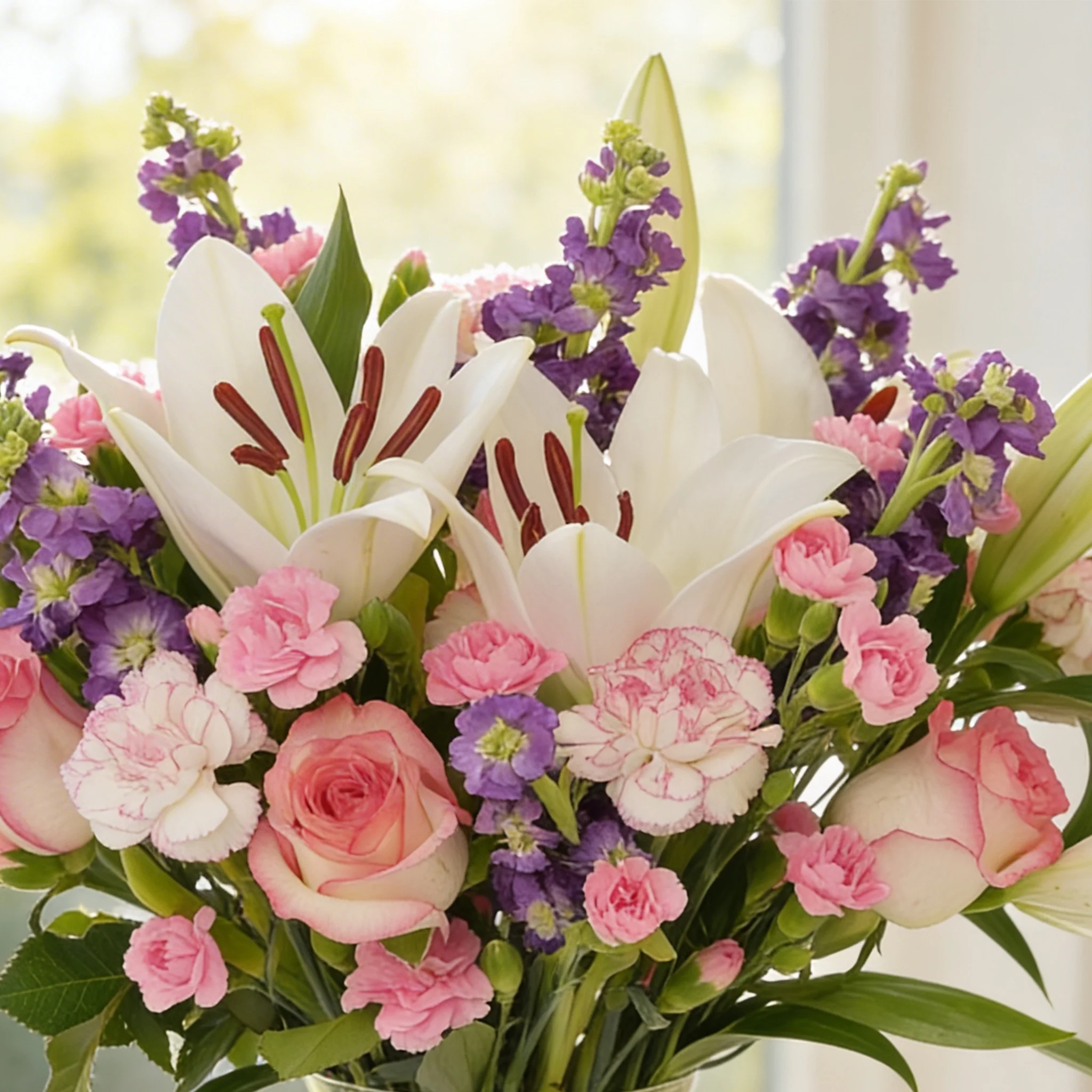 2 white lilies, 6 pink roses, 6 purple matthiola, 6 pink carnations and 4 spray pink carnations with green fillers in glass vase.