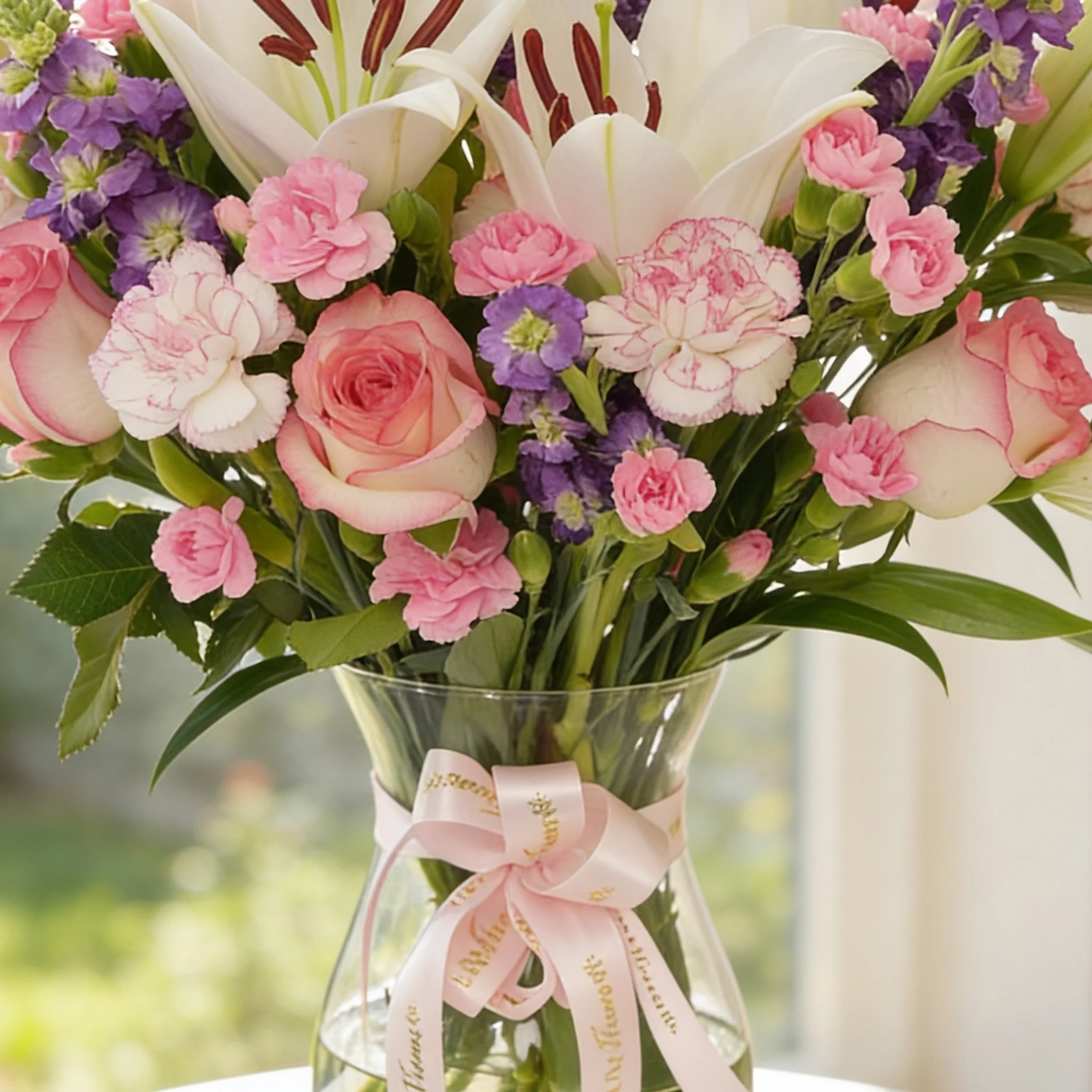 2 white lilies, 6 pink roses, 6 purple matthiola, 6 pink carnations and 4 spray pink carnations with green fillers in glass vase.
