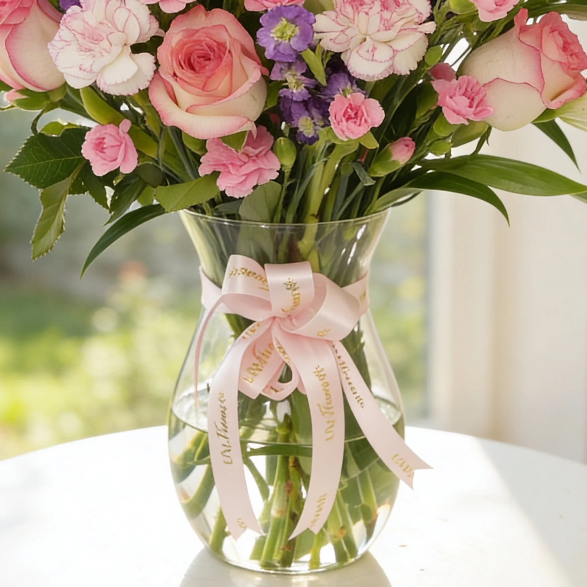 2 white lilies, 6 pink roses, 6 purple matthiola, 6 pink carnations and 4 spray pink carnations with green fillers in glass vase.