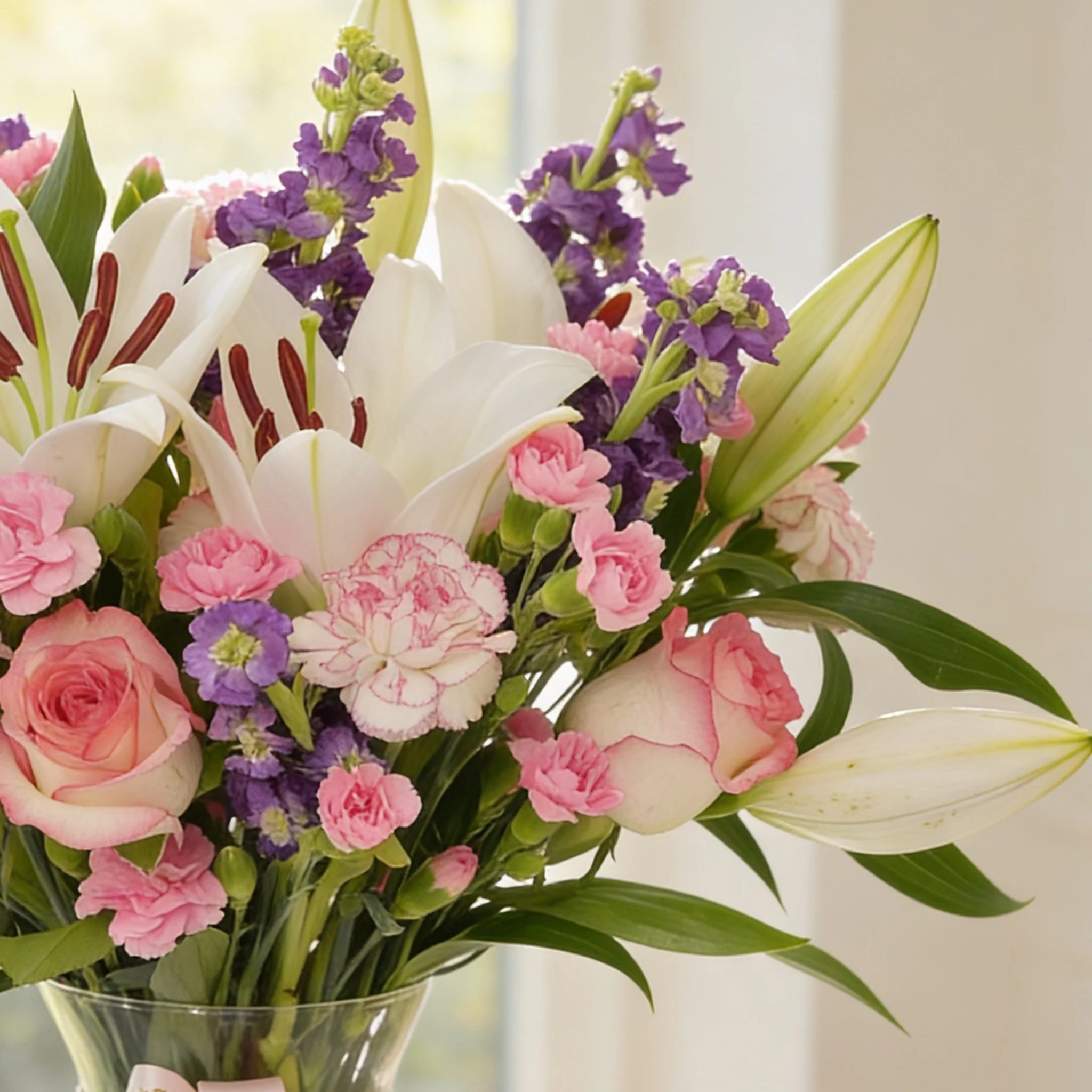 2 white lilies, 6 pink roses, 6 purple matthiola, 6 pink carnations and 4 spray pink carnations with green fillers in glass vase.