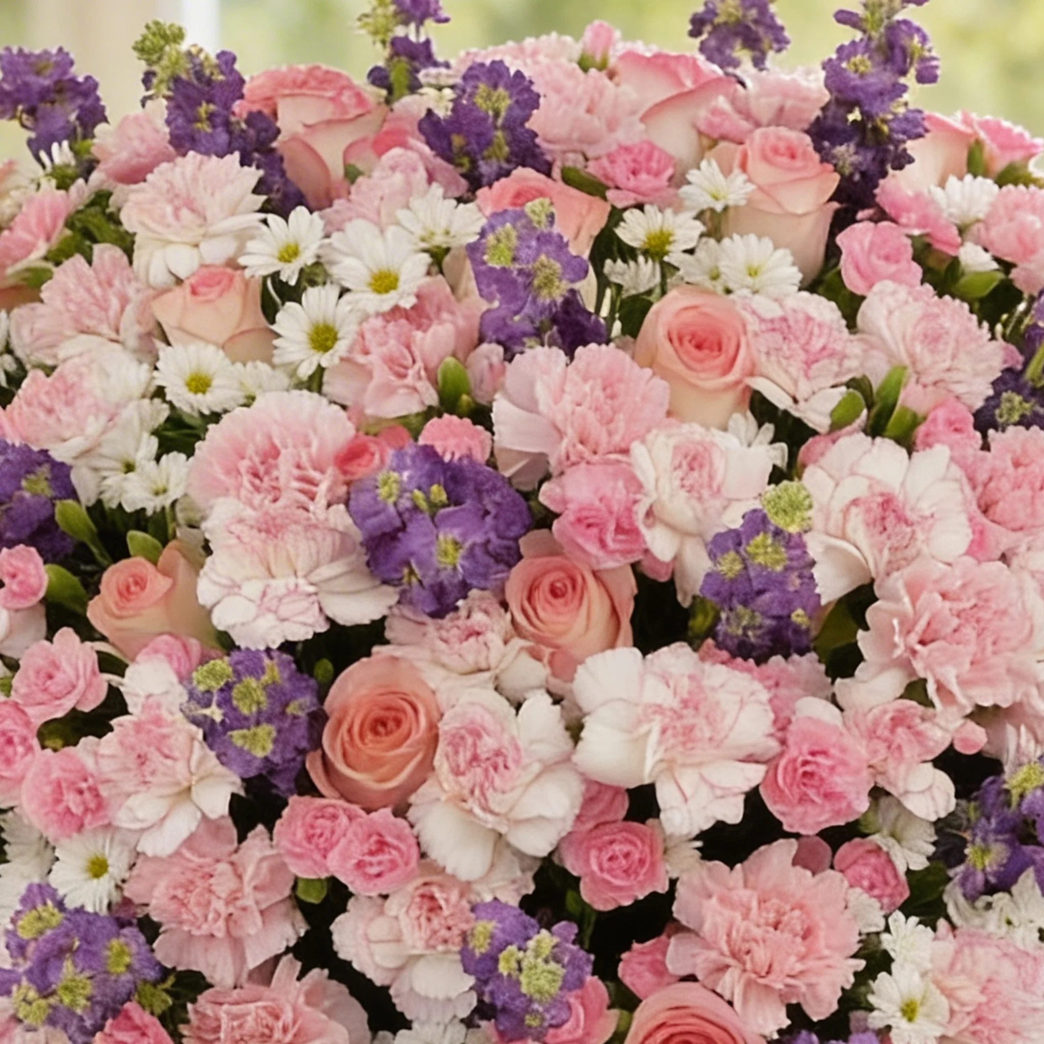 60 pink carnations, 60 pink roses, 20 pink spray carnations and 10 white chrysanthemums with green fillers in a round white box.