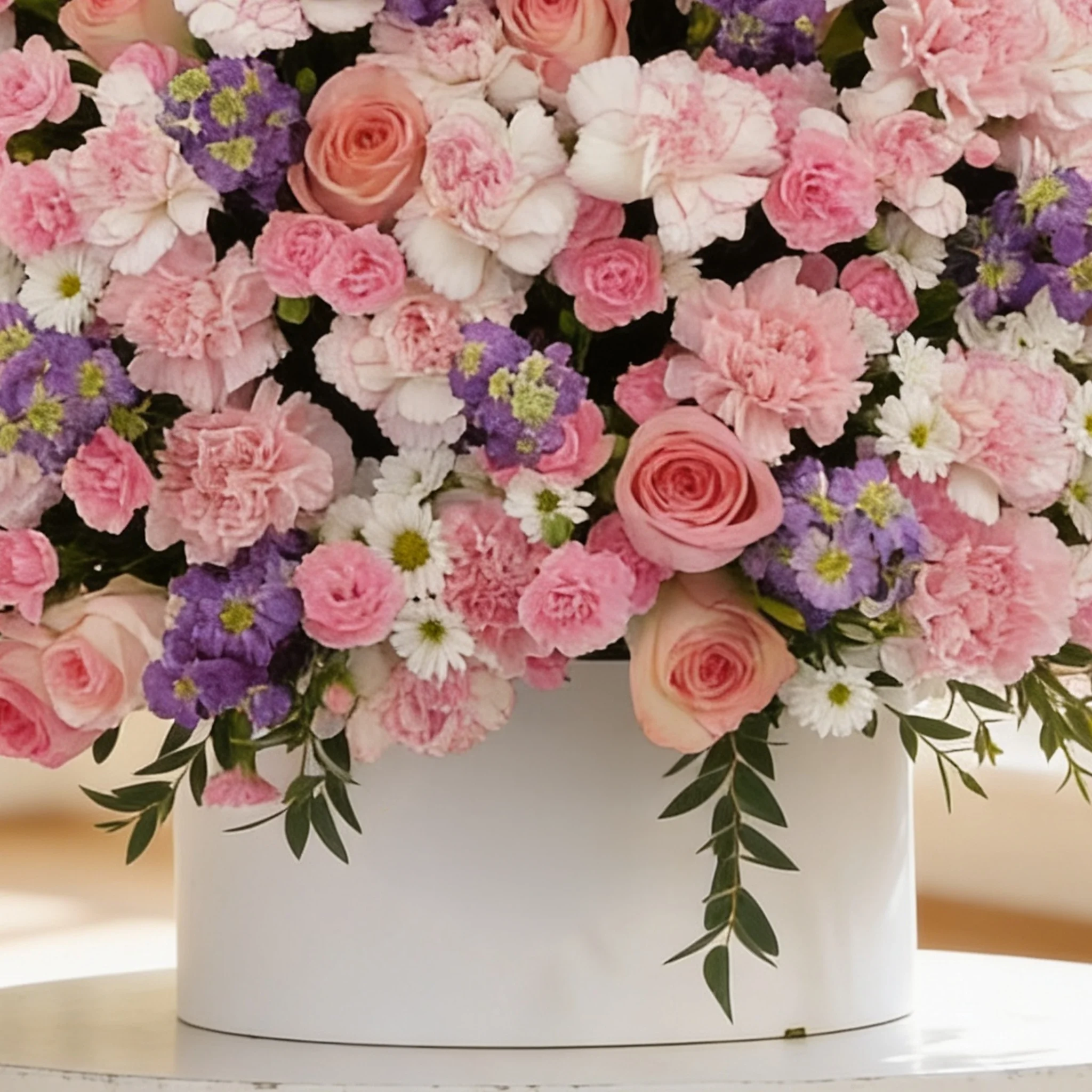 50 pink carnations, 50 pink roses, 20 pink spray carnations, 20 purple matthiola and 10 white chrysanthemums with green fillers in a round white box.
