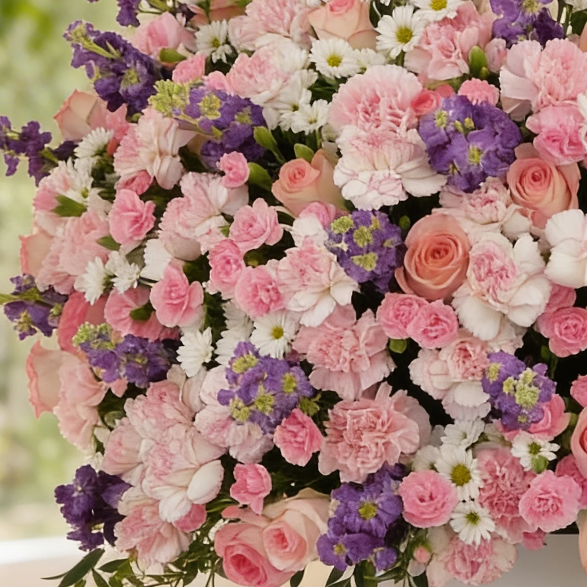 50 pink carnations, 50 pink roses, 20 pink spray carnations, 20 purple matthiola and 10 white chrysanthemums with green fillers in a round white box.