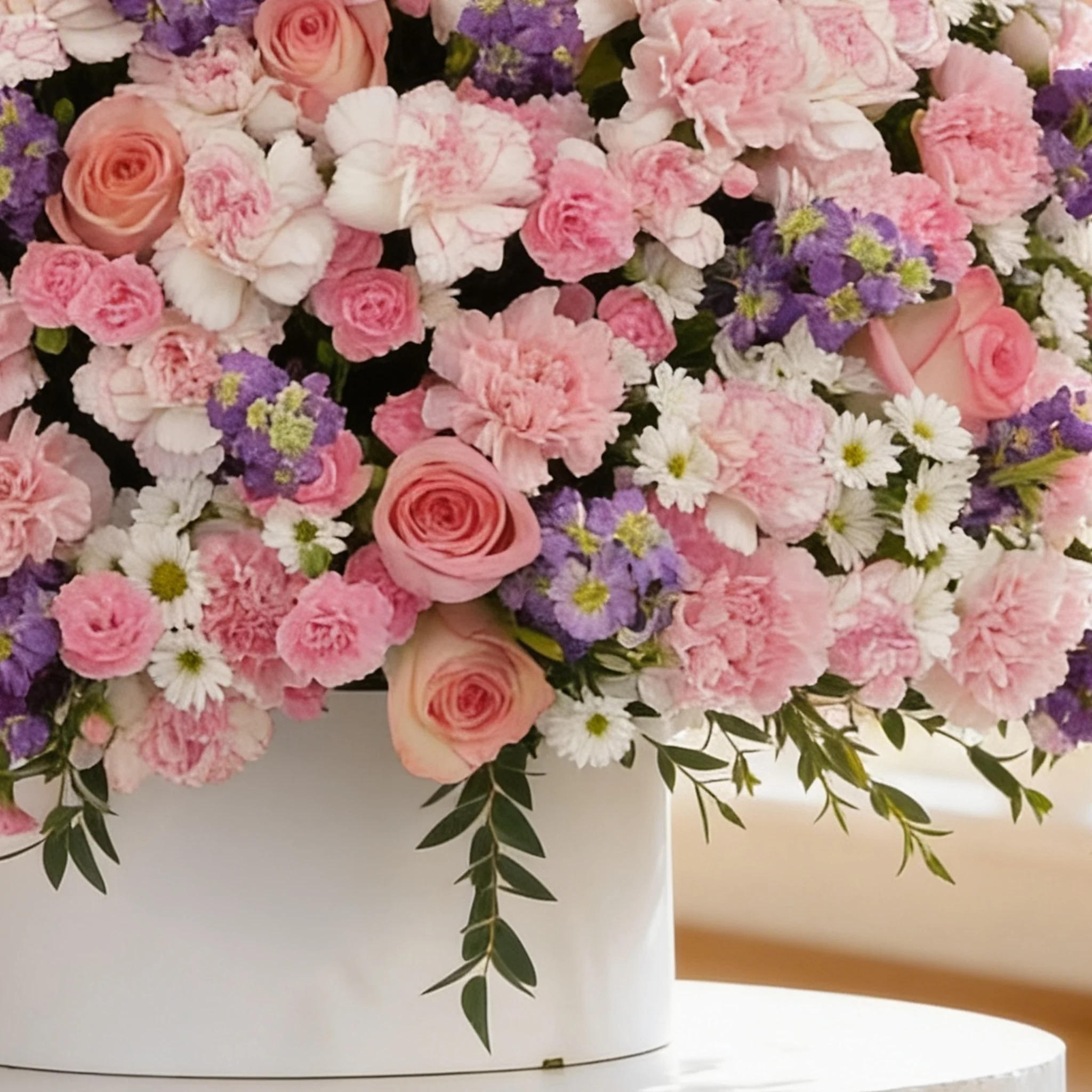 50 pink carnations, 50 pink roses, 20 pink spray carnations, 20 purple matthiola and 10 white chrysanthemums with green fillers in a round white box.