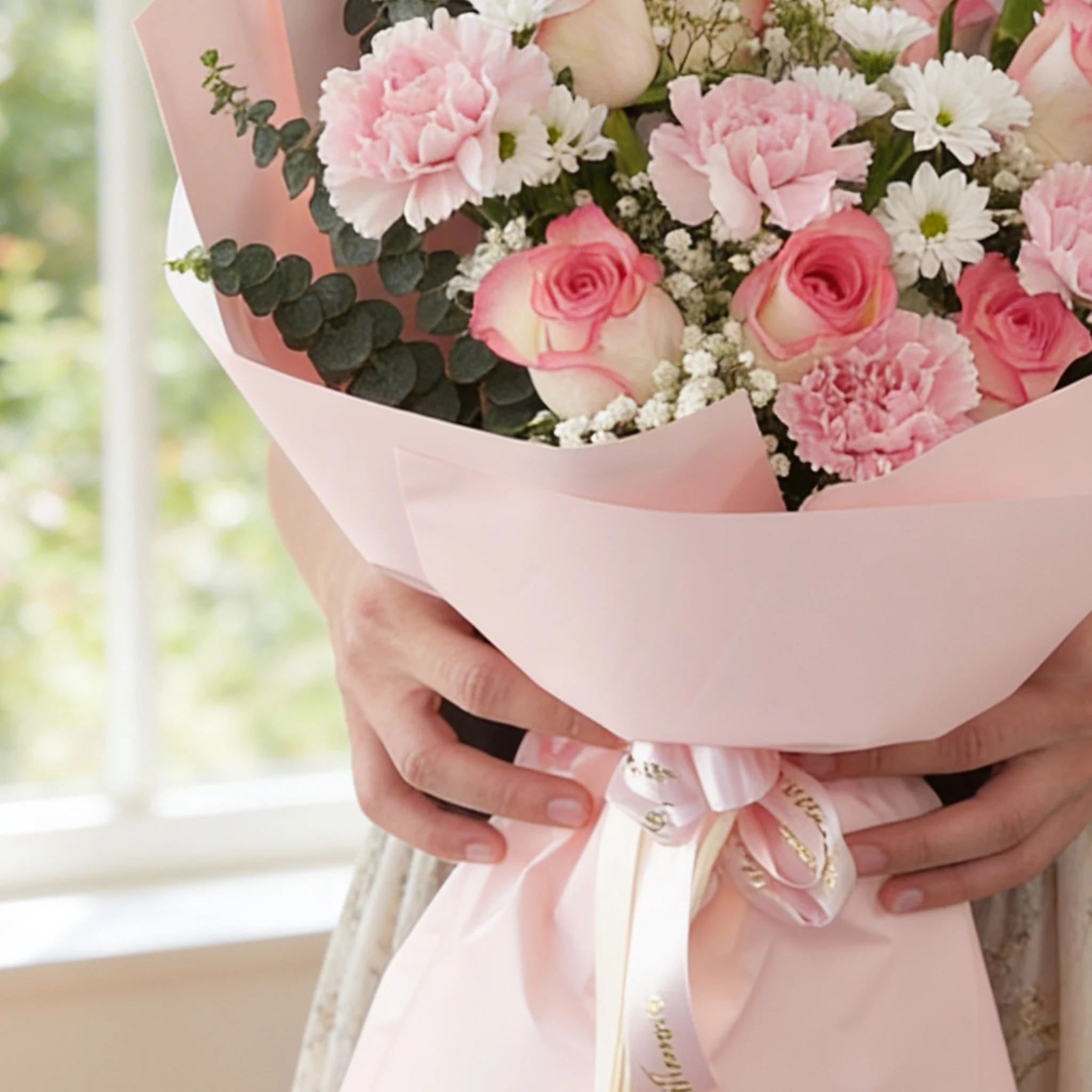 Bouquet of 7 pink roses, 6 pink carnations, 2 white chrysanthemums with green fillers in pink wrapping.