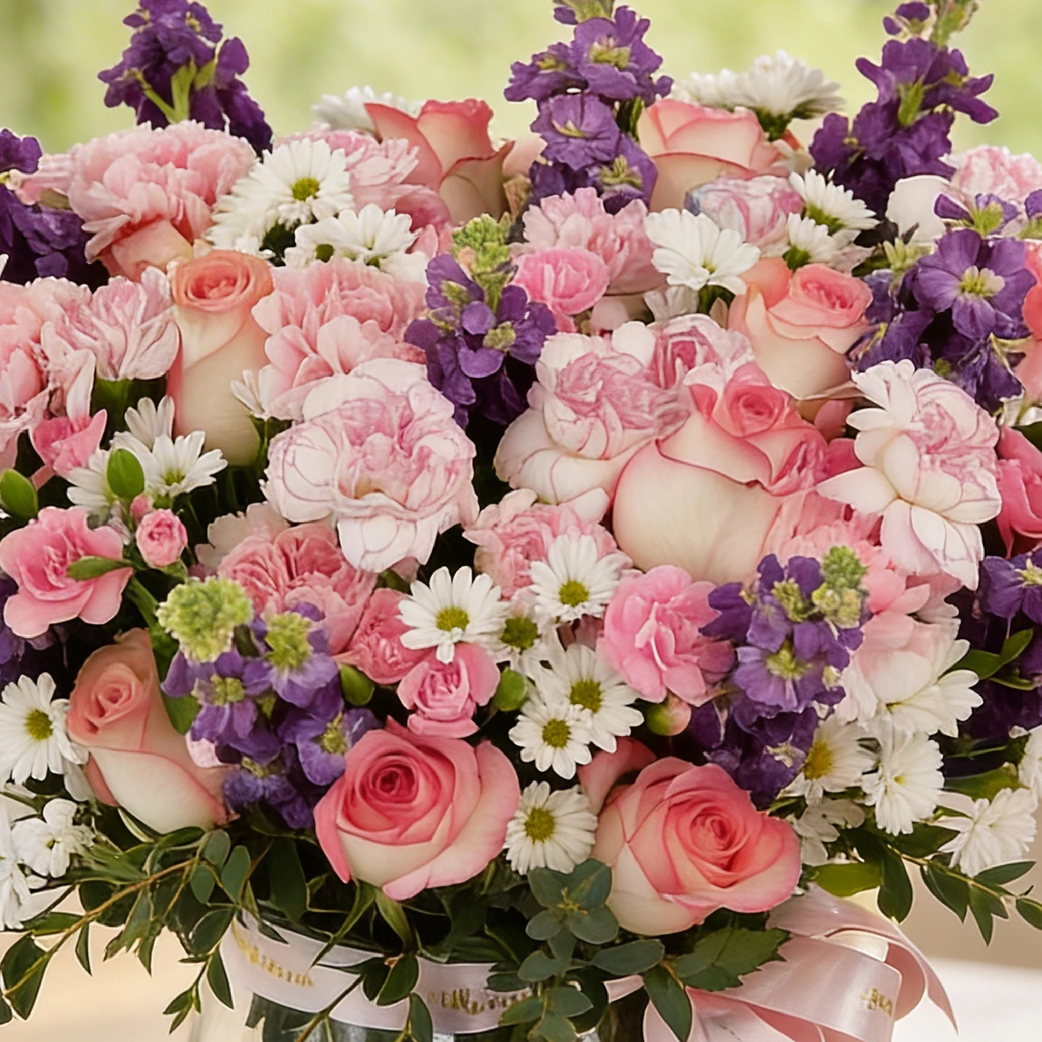 15 pink carnations, 15 pink roses, 10 pink spray carnations, 12 purple  mattiolla and 5 white chrysanthemums with green fillers in glass vase.