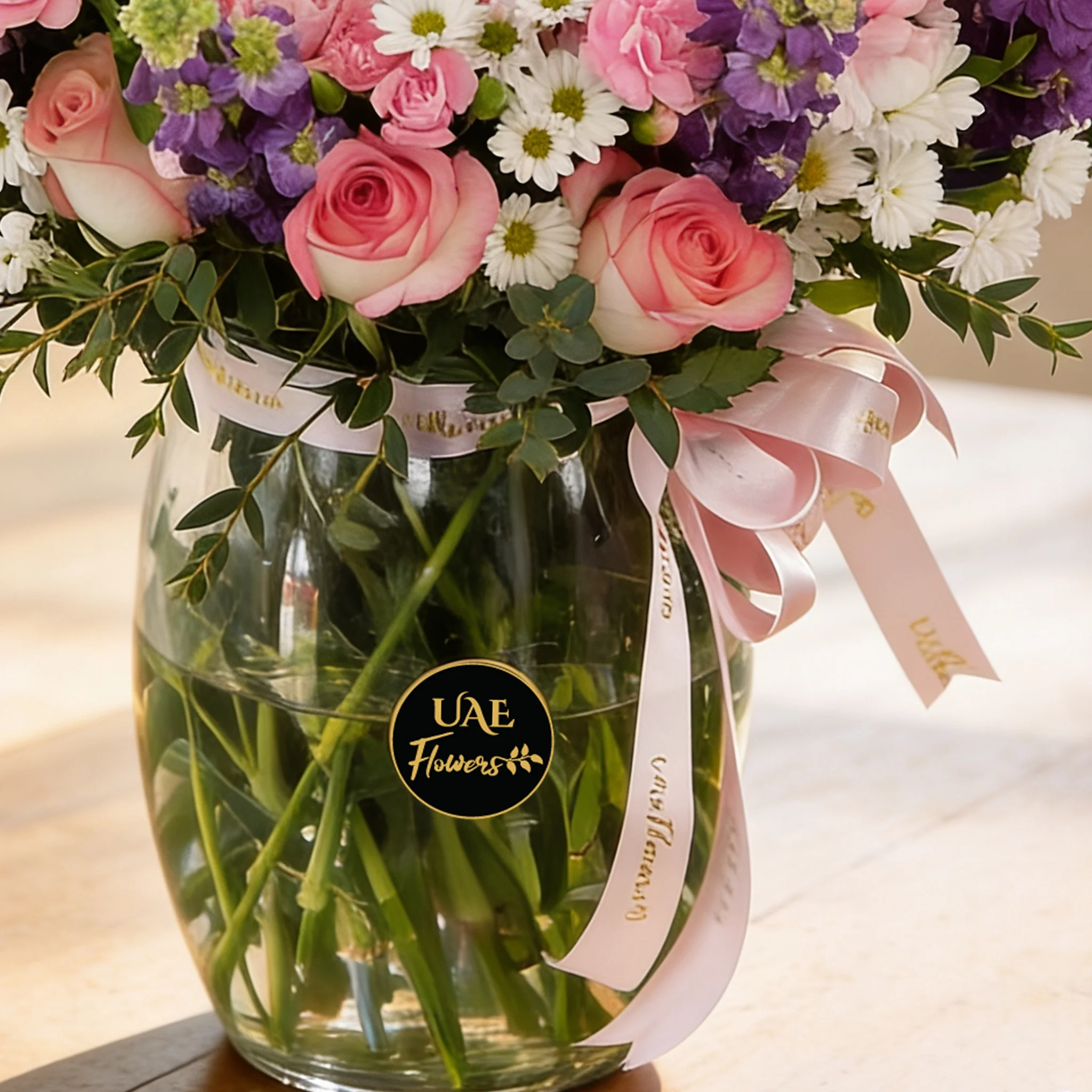 15 pink carnations, 15 pink roses, 10 pink spray carnations, 12 purple  mattiolla and 5 white chrysanthemums with green fillers in glass vase.