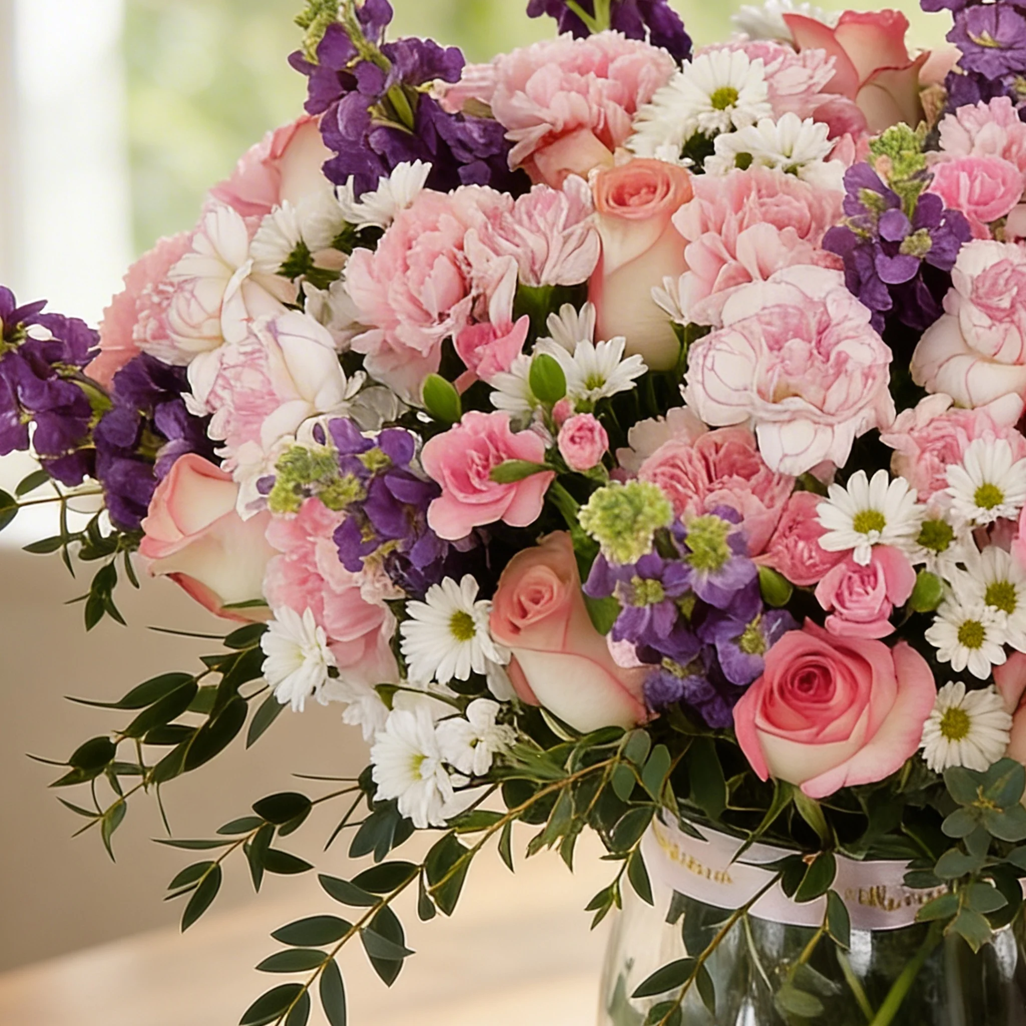 15 pink carnations, 15 pink roses, 10 pink spray carnations, 12 purple  mattiolla and 5 white chrysanthemums with green fillers in glass vase.