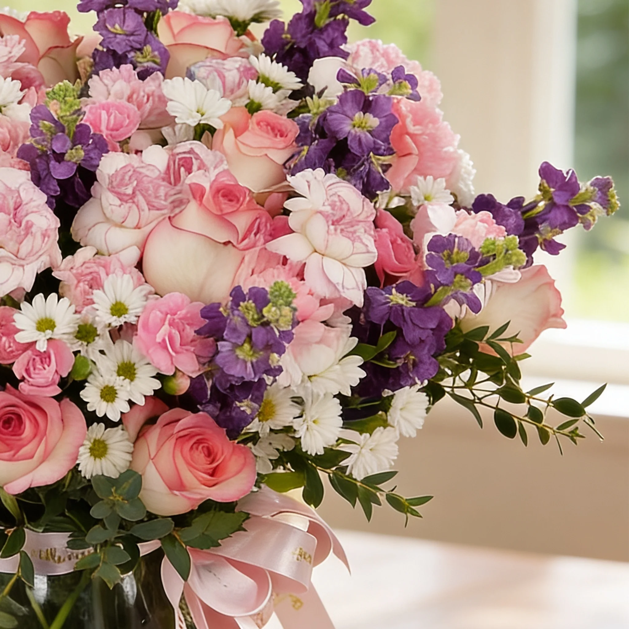 15 pink carnations, 15 pink roses, 10 pink spray carnations, 12 purple  mattiolla and 5 white chrysanthemums with green fillers in glass vase.