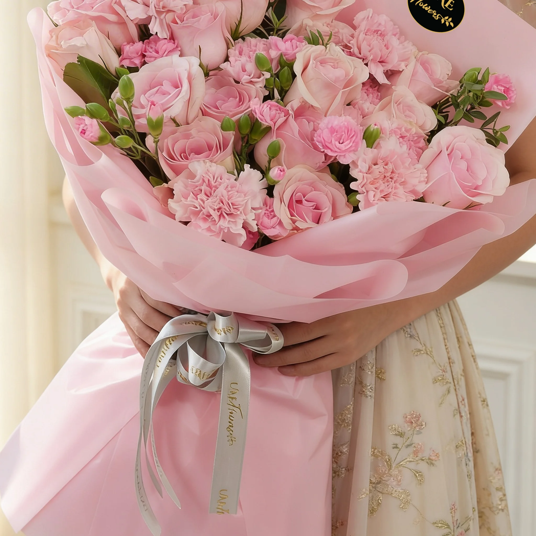 Bouquet of 15 pink roses, 5 pink carnations, 2 pink spray carnations with green fillers in pink wrapping.