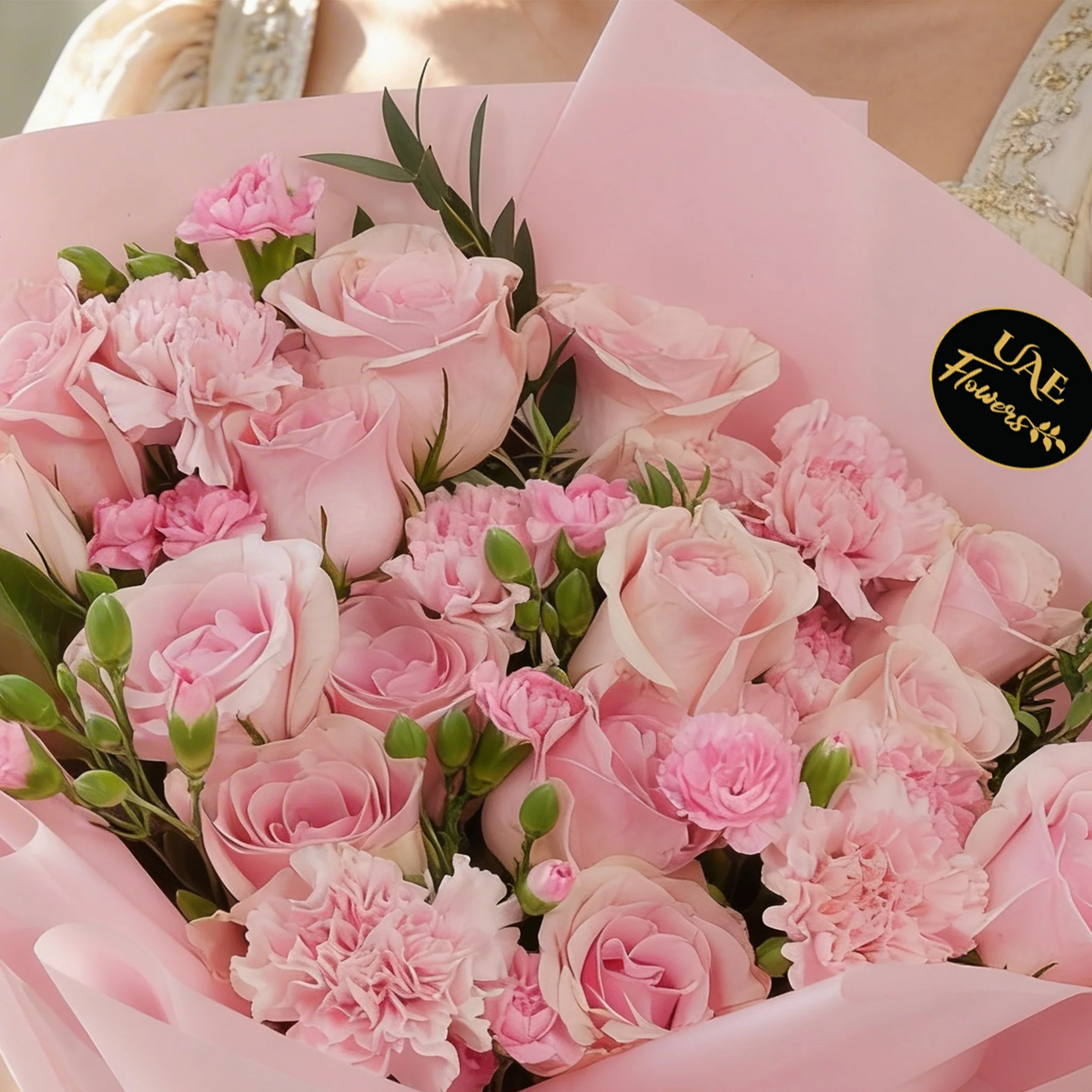 Bouquet of 15 pink roses, 5 pink carnations, 2 pink spray carnations with green fillers in pink wrapping.