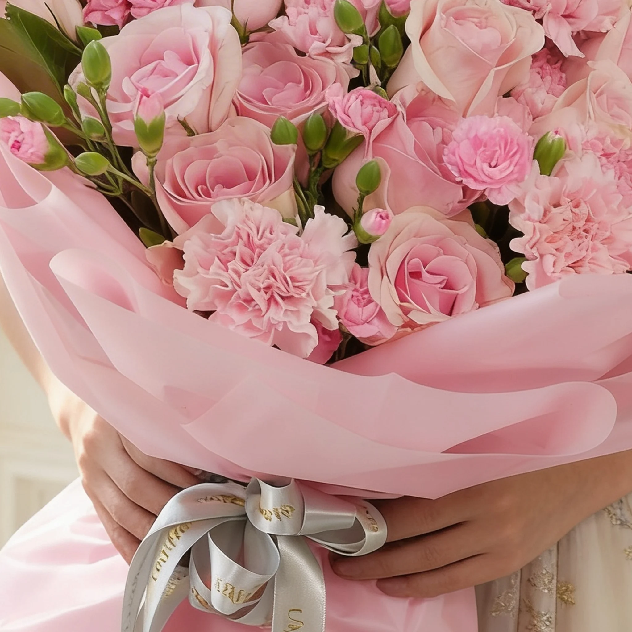 Bouquet of 15 pink roses, 5 pink carnations, 2 pink spray carnations with green fillers in pink wrapping.