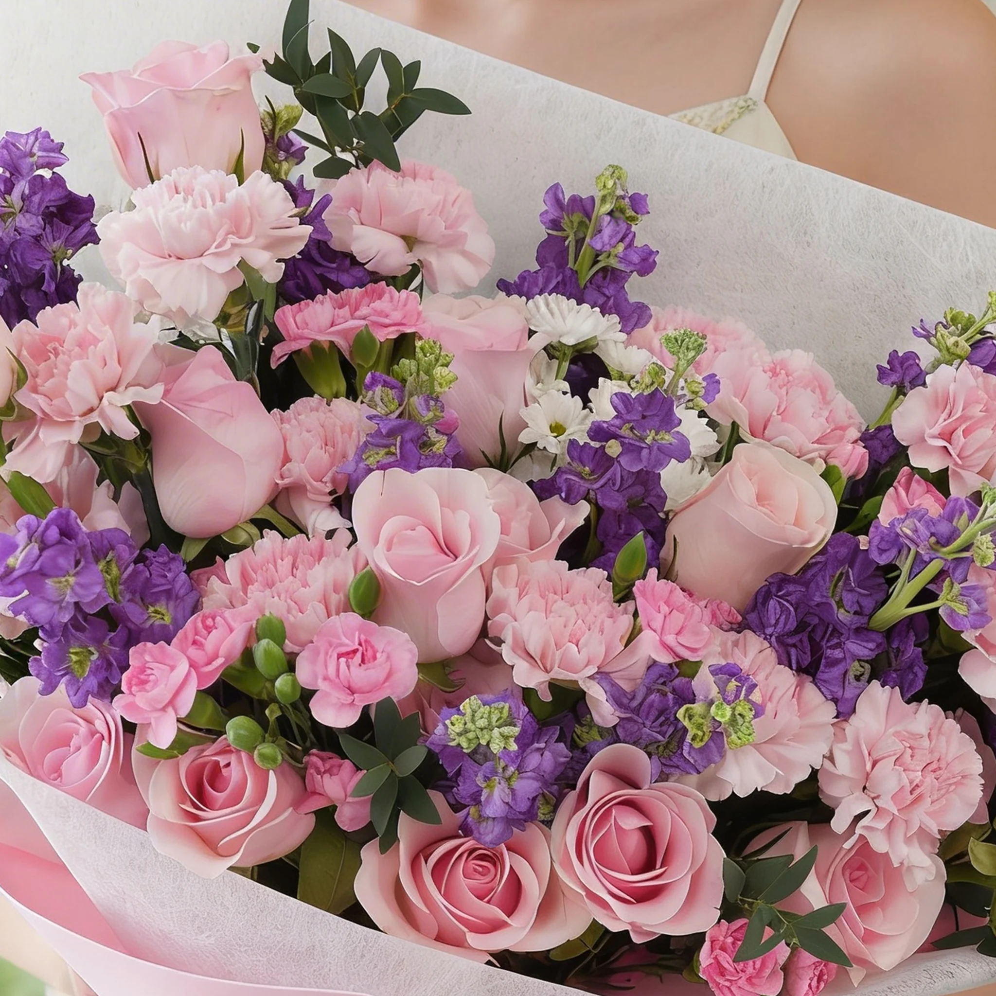 Bouquet of 10 purple matthiola, 12 pink roses, 10 pink carnations, 5 pink spray carnations, 5 white chrysanthemums with green fillers in pink wrapping.