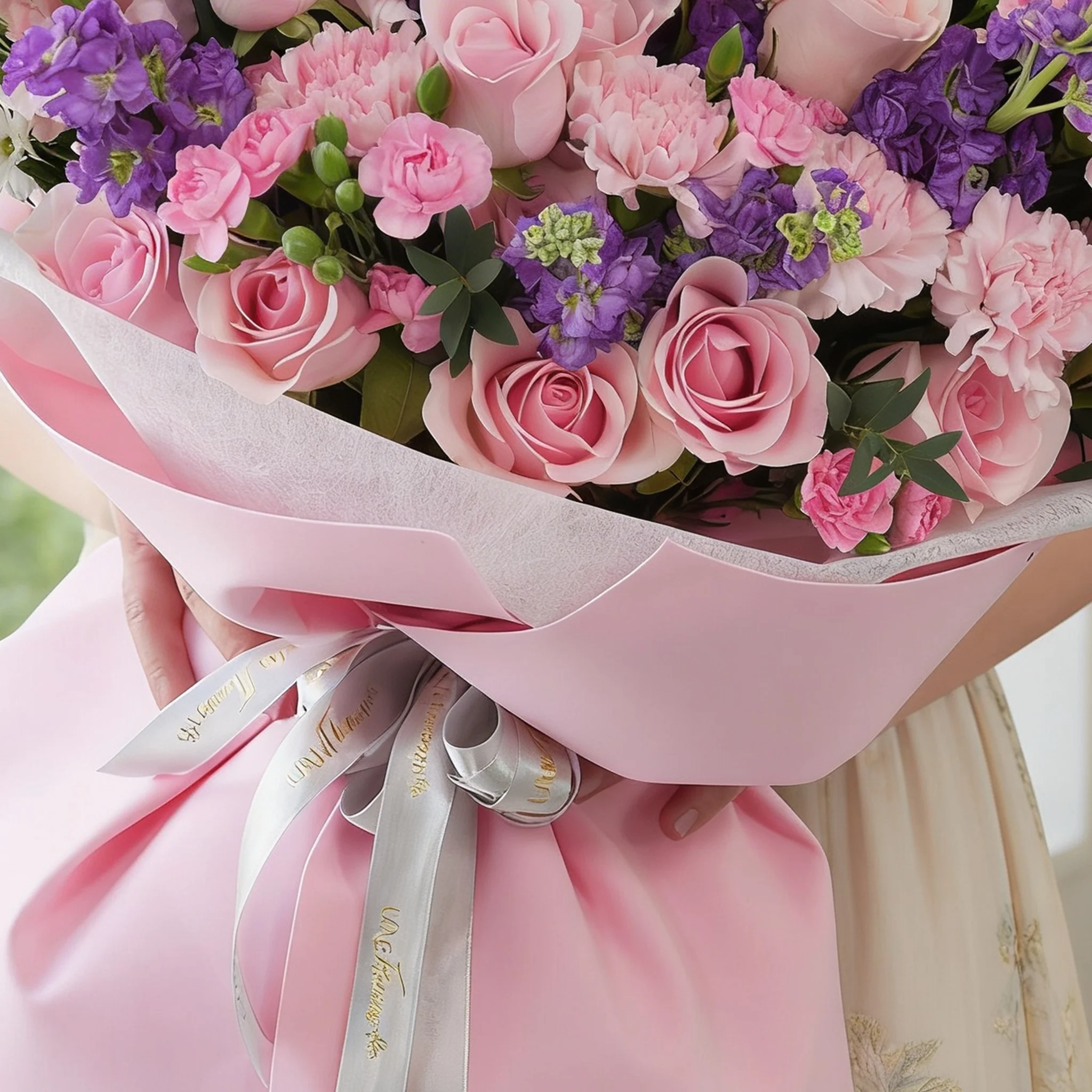 Bouquet of 10 purple matthiola, 12 pink roses, 10 pink carnations, 5 pink spray carnations, 5 white chrysanthemums with green fillers in pink wrapping.