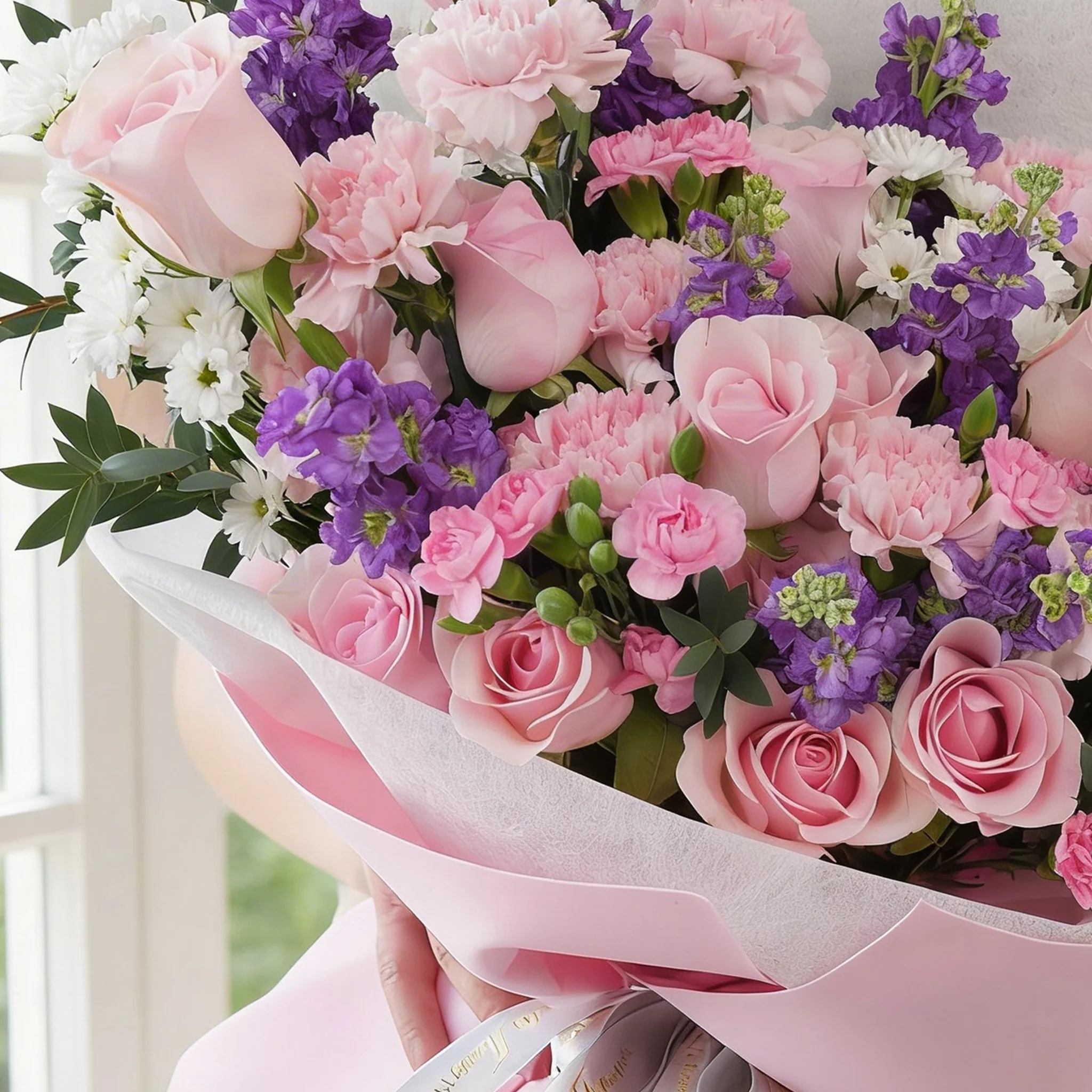 Bouquet of 10 purple matthiola, 12 pink roses, 10 pink carnations, 5 pink spray carnations, 5 white chrysanthemums with green fillers in pink wrapping.