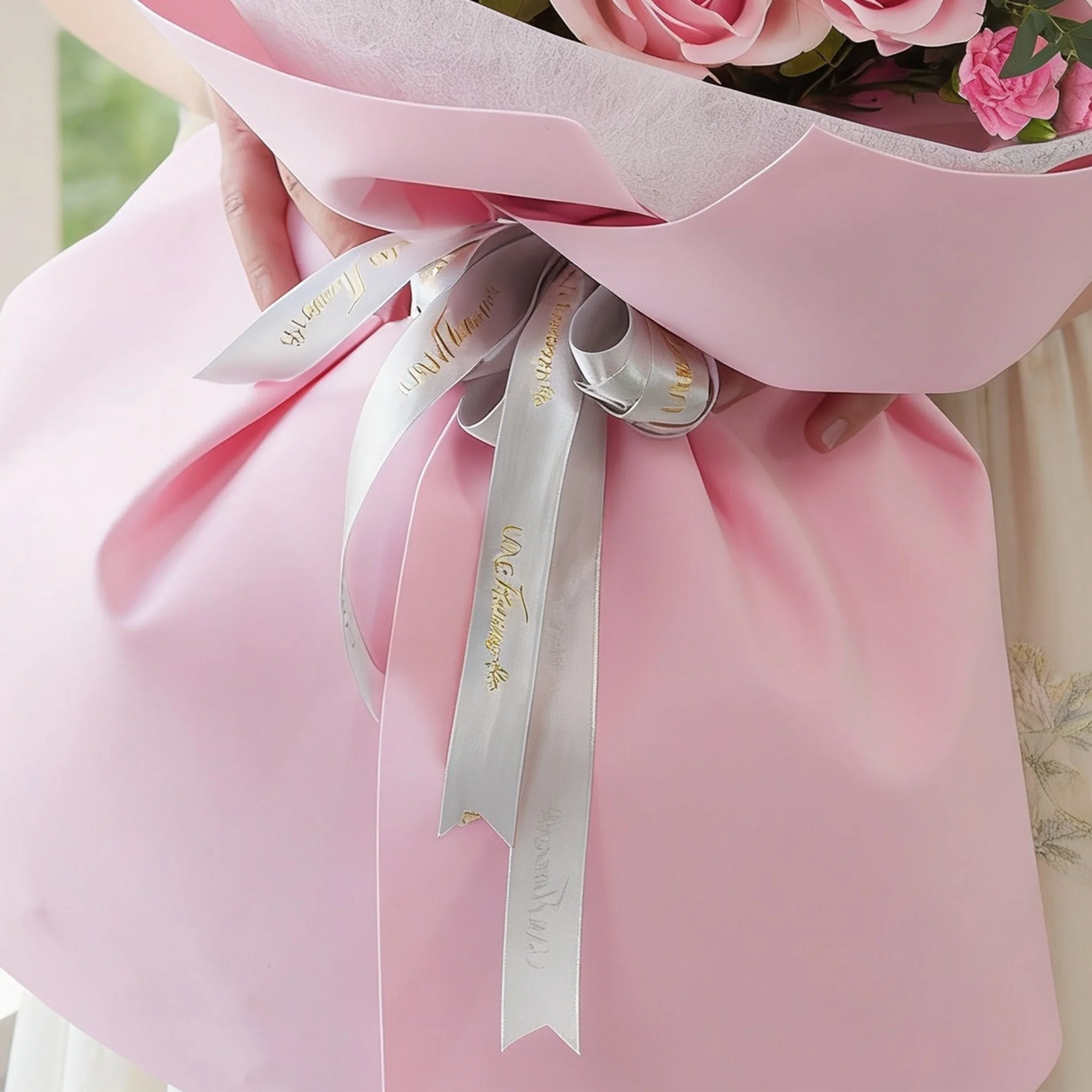 Bouquet of 10 purple matthiola, 12 pink roses, 10 pink carnations, 5 pink spray carnations, 5 white chrysanthemums with green fillers in pink wrapping.