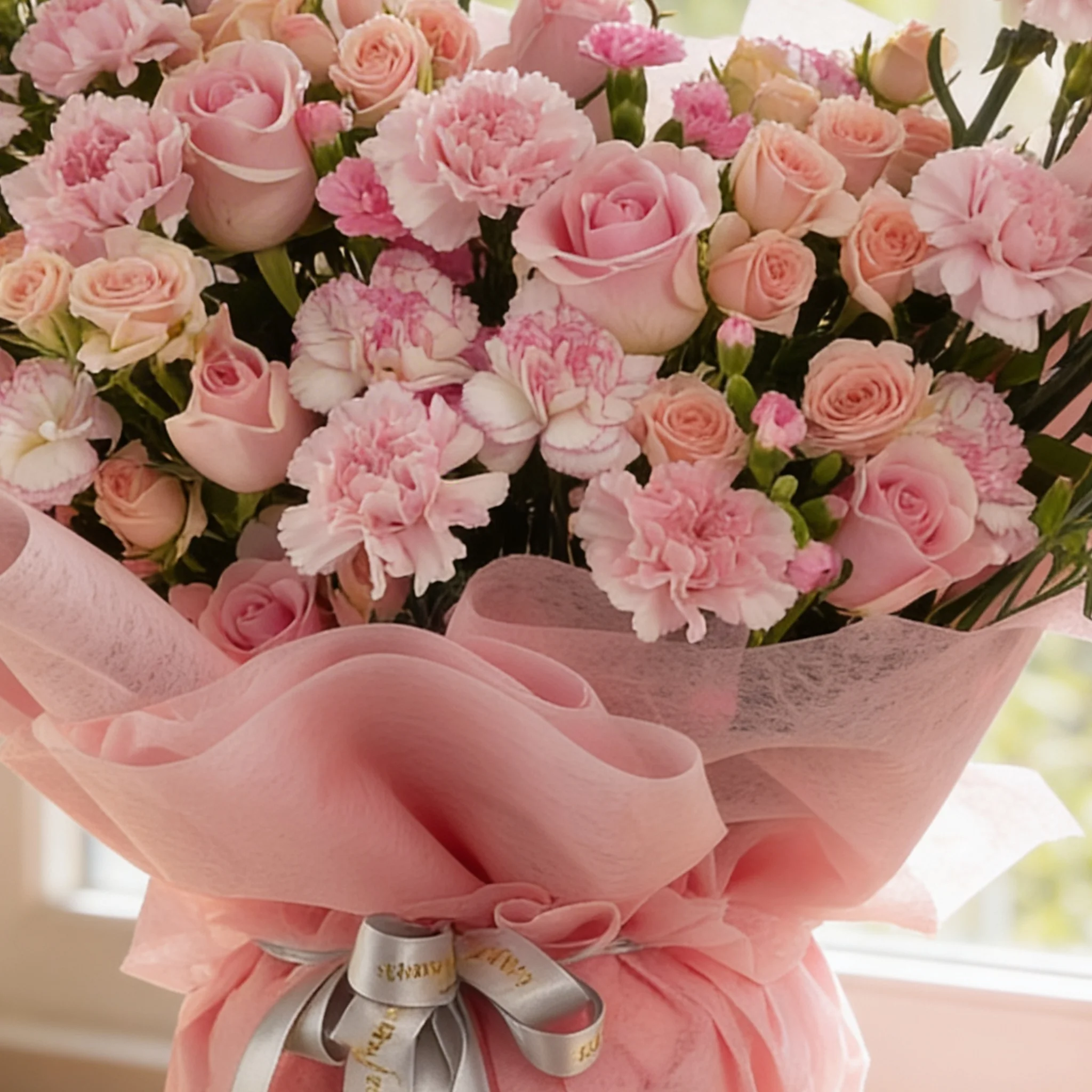 Bouquet of 12 pink roses, 20 pink carnations and 5 pink spray roses with green fillers in pink wrapping.