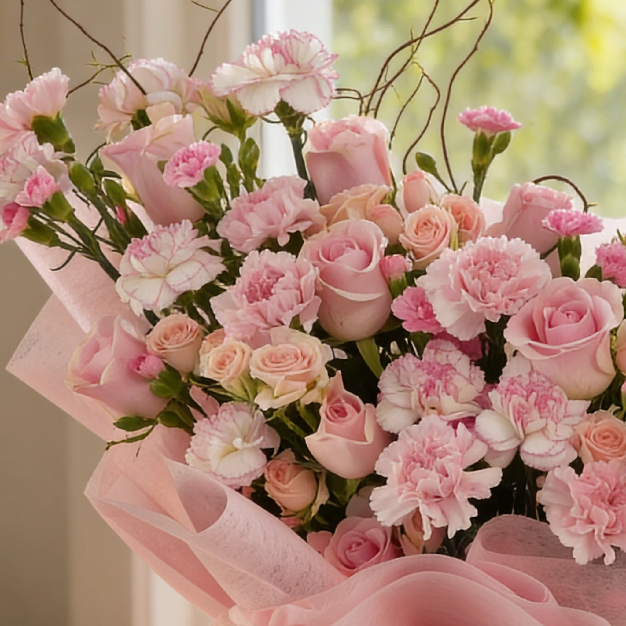 Bouquet of 12 pink roses, 20 pink carnations and 5 pink spray roses with green fillers in pink wrapping.