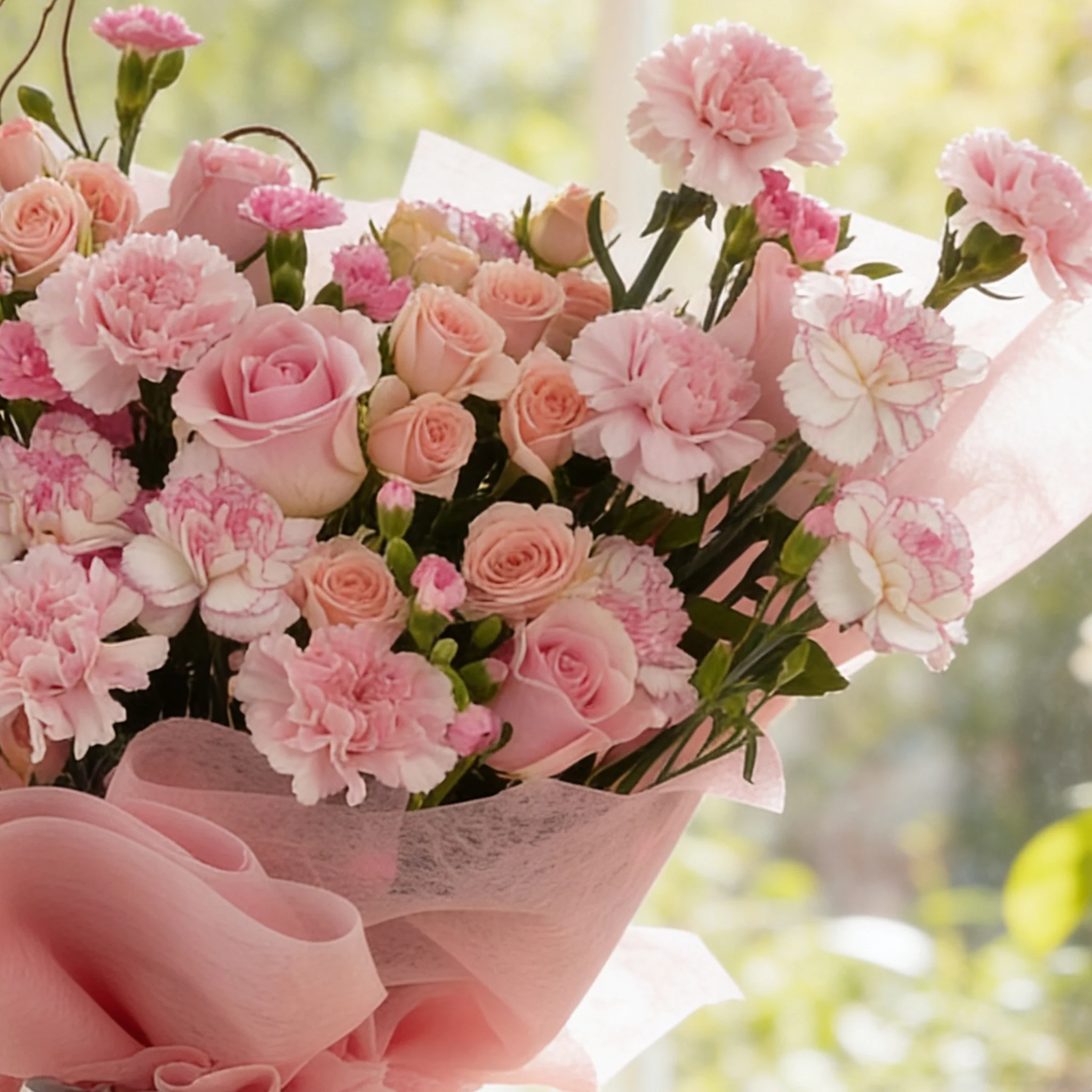 Bouquet of 12 pink roses, 20 pink carnations and 5 pink spray roses with green fillers in pink wrapping.