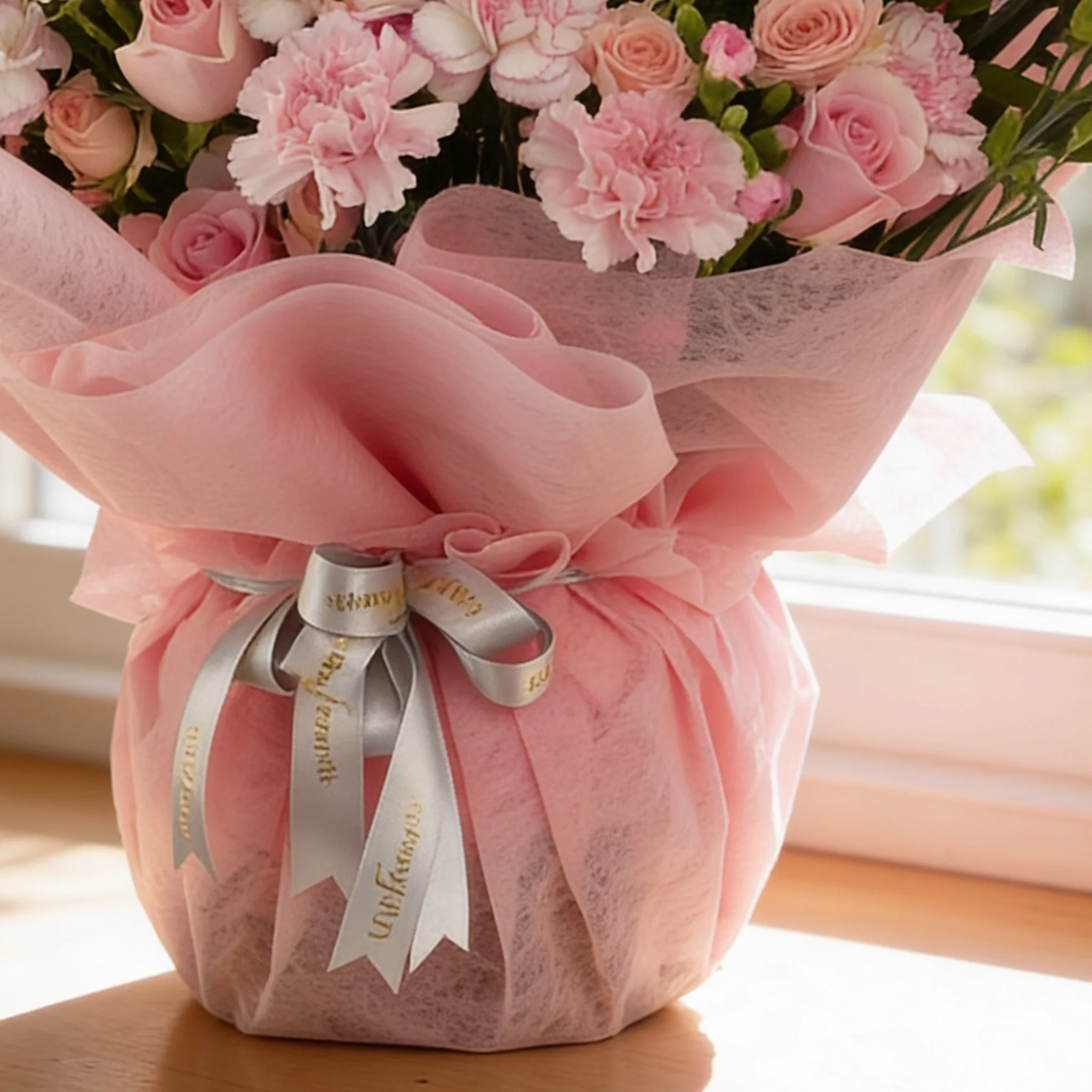 Bouquet of 12 pink roses, 20 pink carnations and 5 pink spray roses with green fillers in pink wrapping.