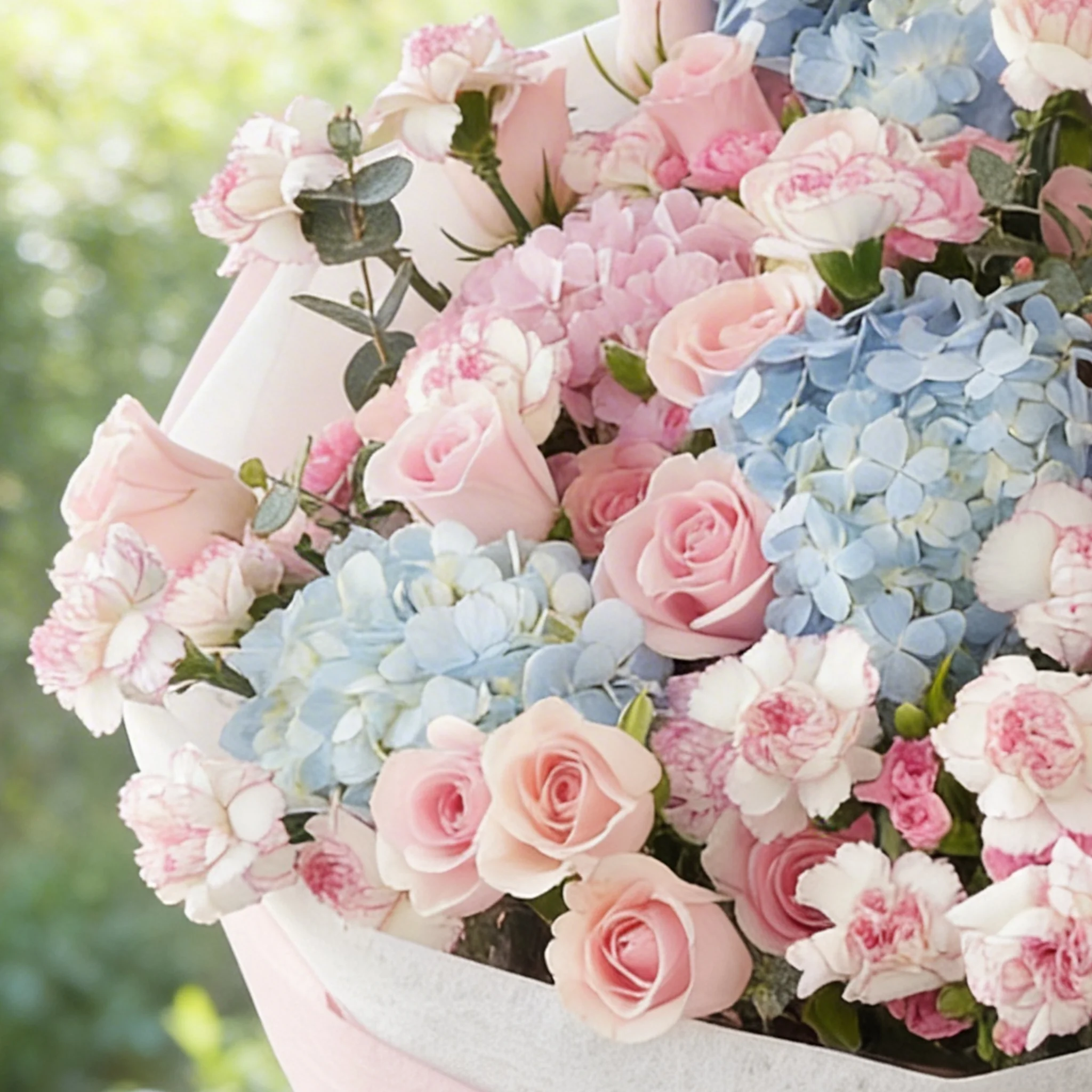 Bouquet of 4 blue hydrangeas, 2 pink hydrangeas, 30 pink roses, 30 pink carnations and 10 pink spray carnations with green fillers in pink wrapping.