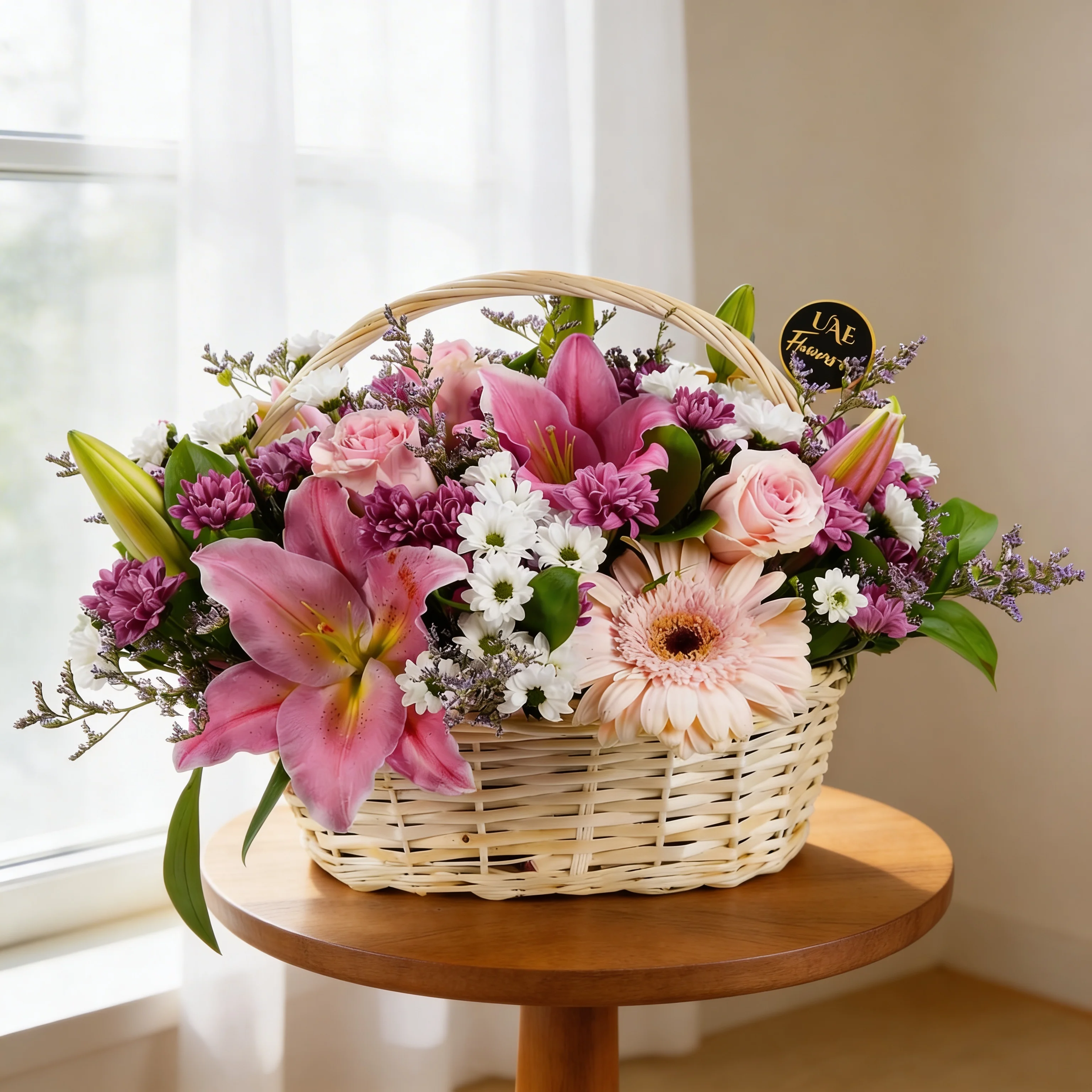 An arrangement of 3 pink lilies, 4 purple chrysanthemums, 4 white chrysanthemums & 4 pink roses, and 2 pink gerberas and fillers in a basket
